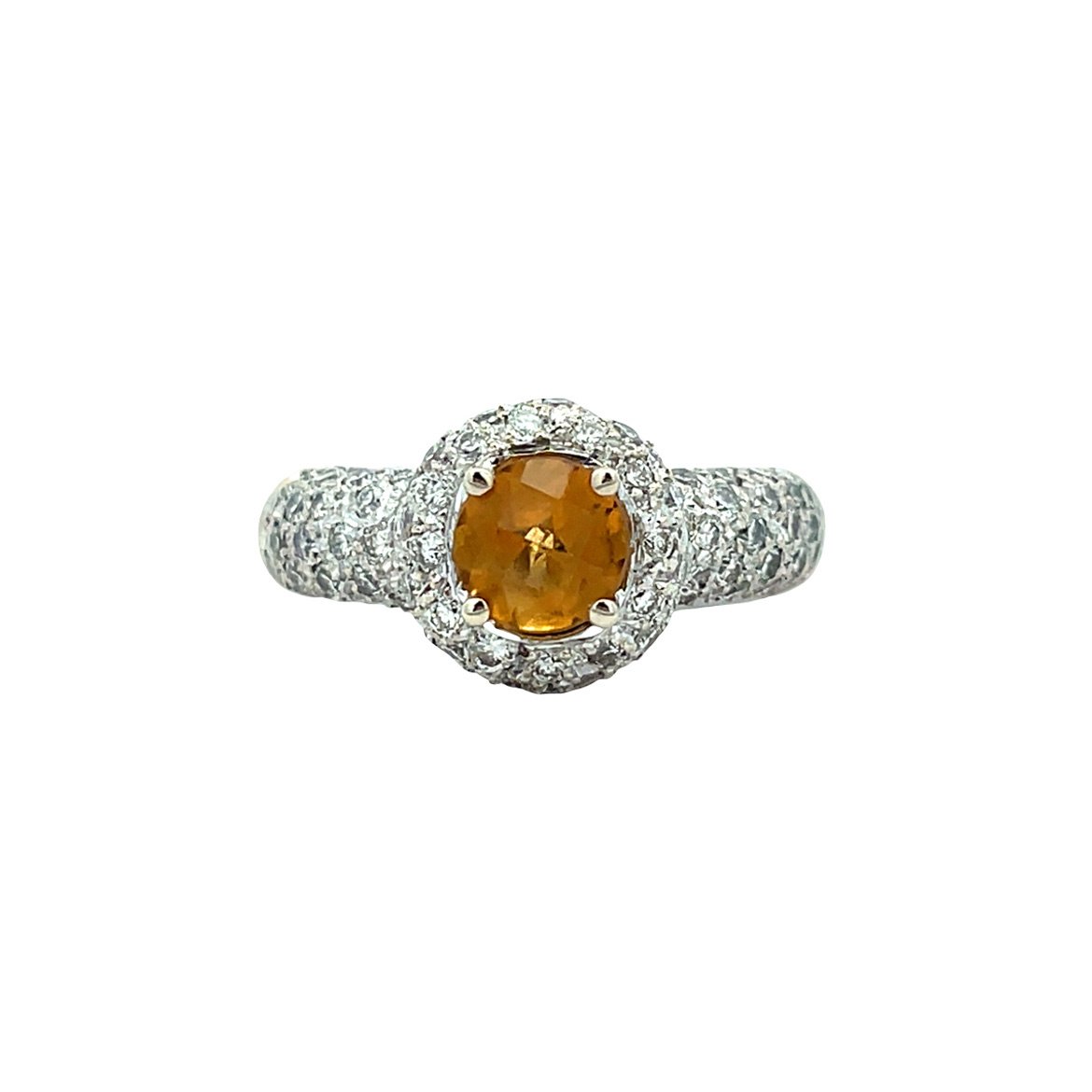 Witgouden vintage entourage ring met citrien en diamant 18 kt