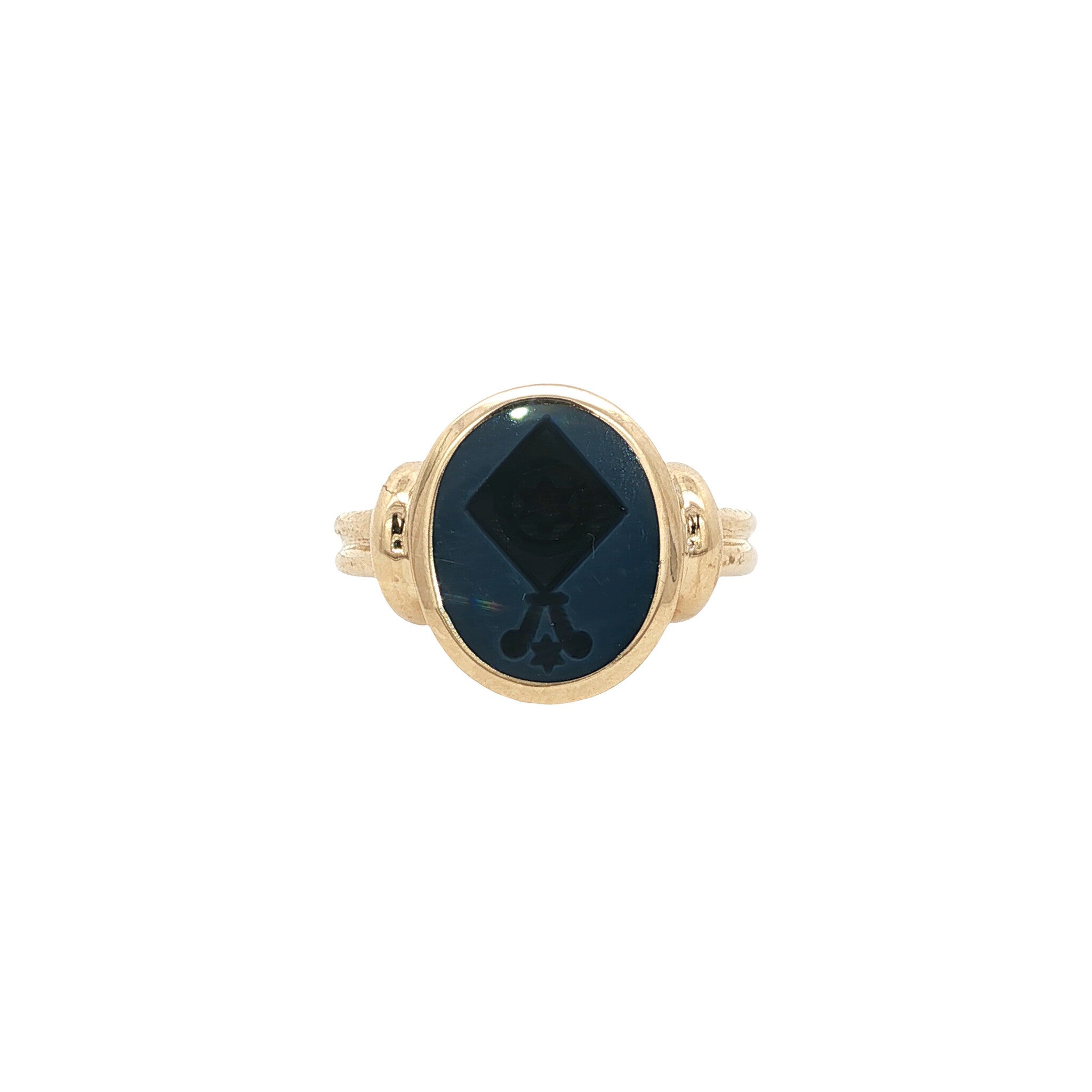 Gouden vintage zegelring met blauwe laagsteen 14 kt