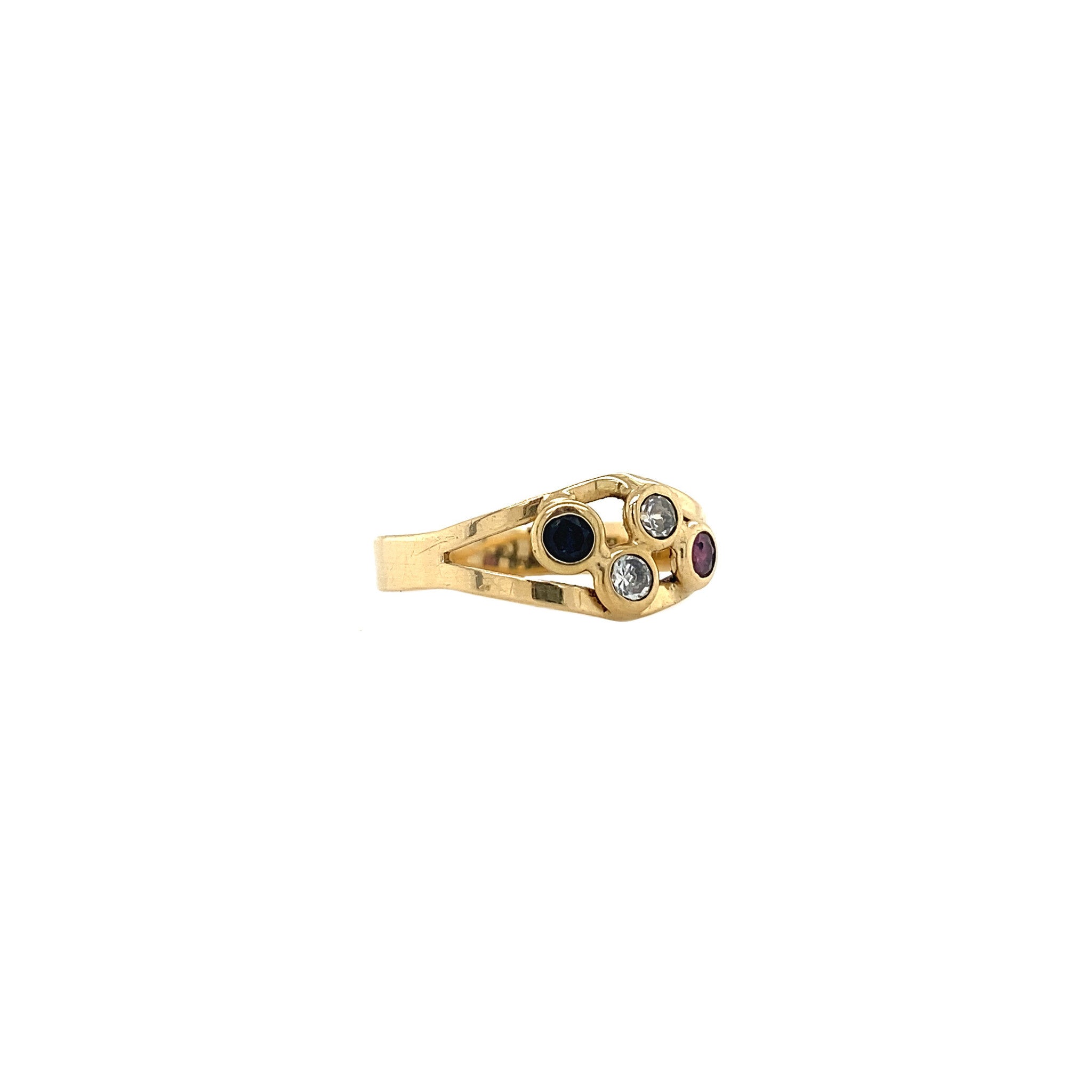 Gold ring with ruby, sapphire and zirconia, 14 kt
