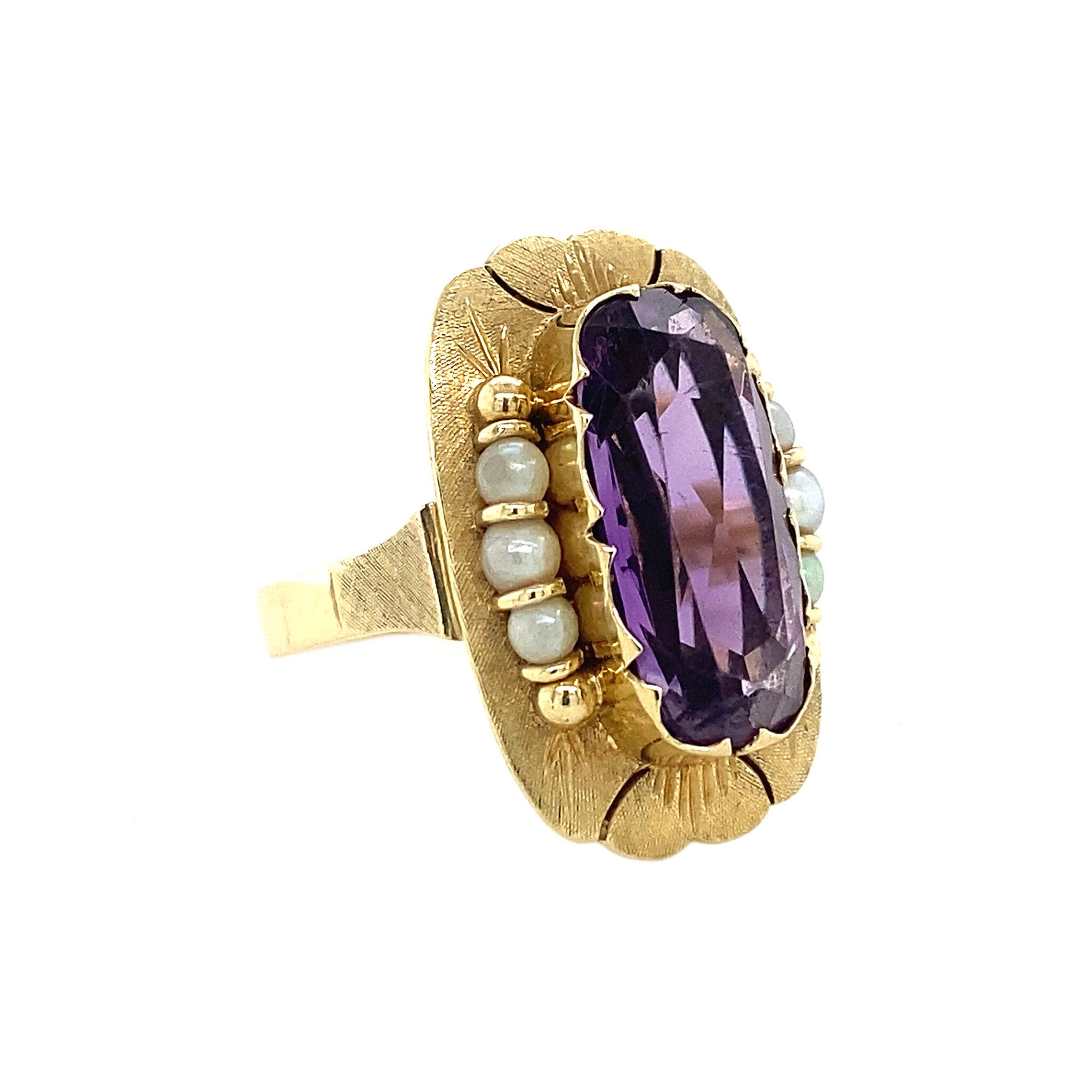 Gouden ring met amethist en parel 14 krt