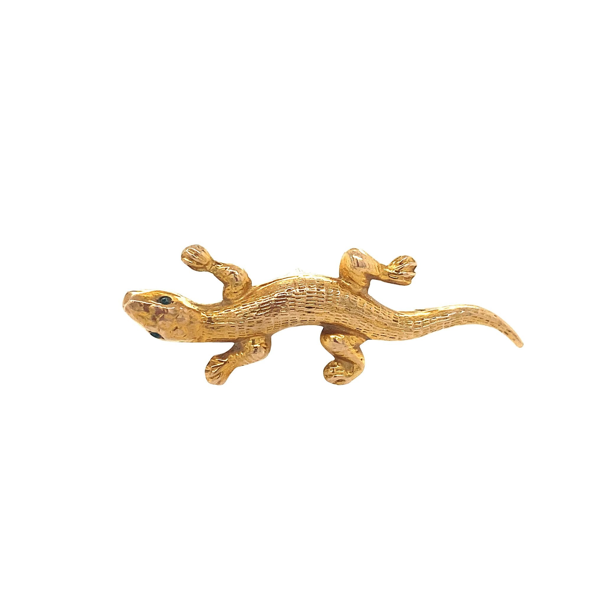 Gouden salamander broche met kleursteen 14 krt