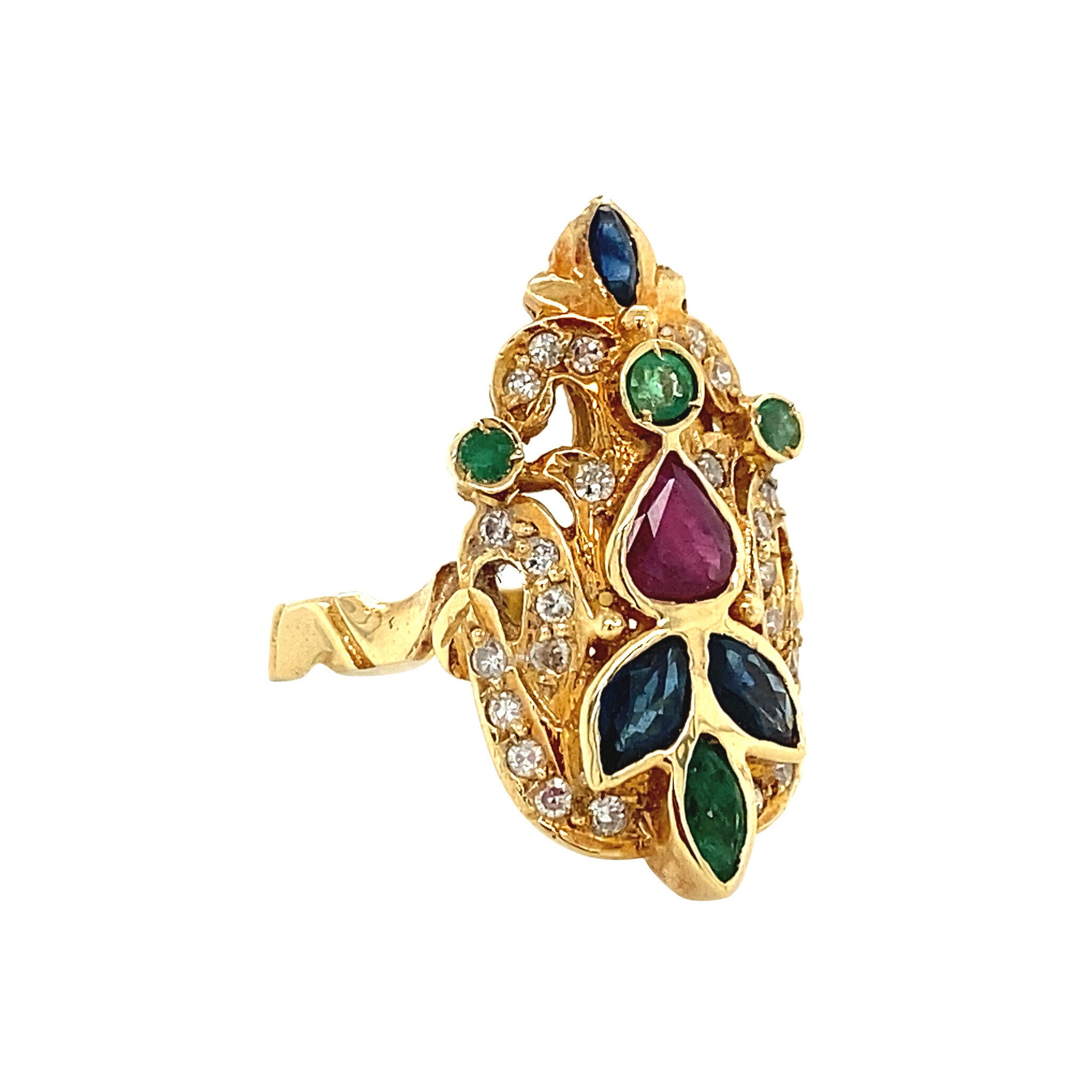 Gold ring with emerald, sapphire, ruby and diamond 18 krt
