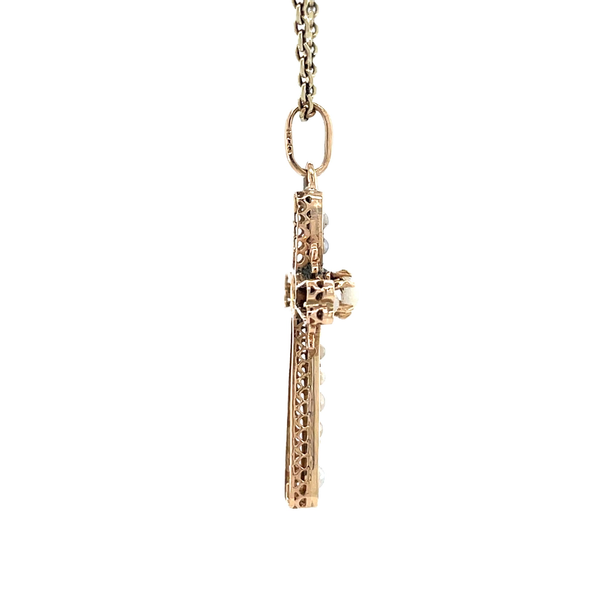 Rose-gold vintage cross pendant with pearl 14 kt