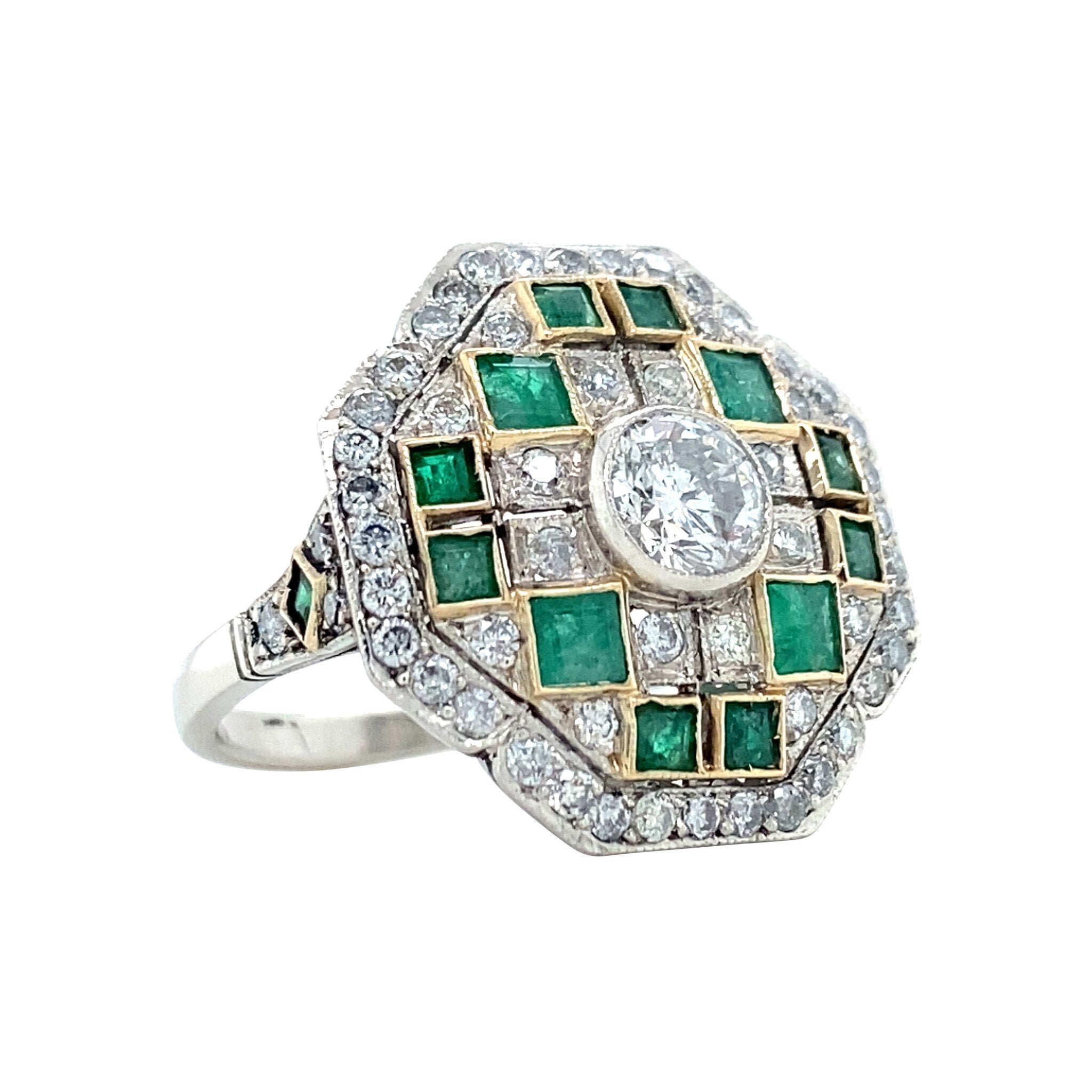 Platina vintage ring met smaragd en diamant 950