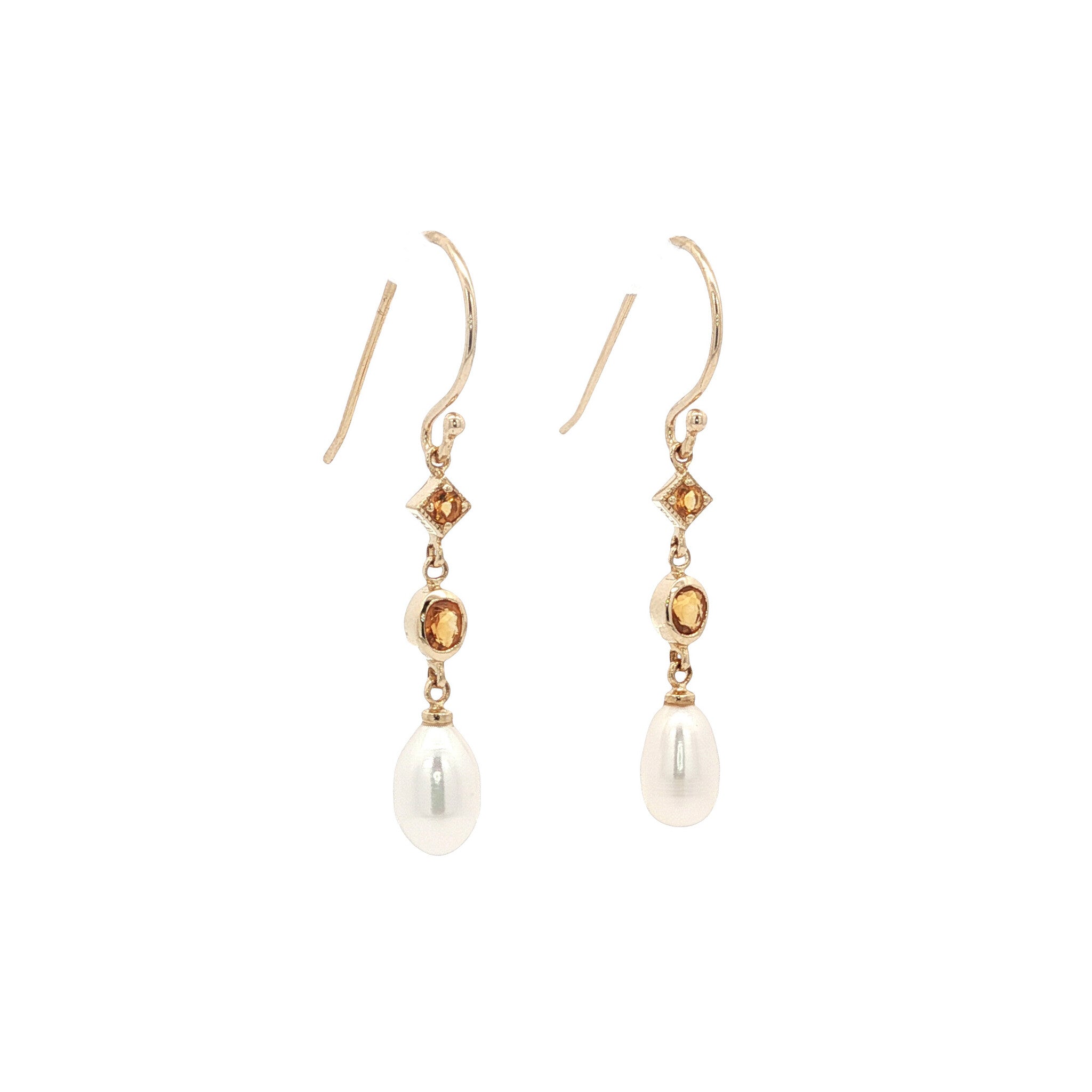 Gold earrings with citrine and pearl, 14 kt