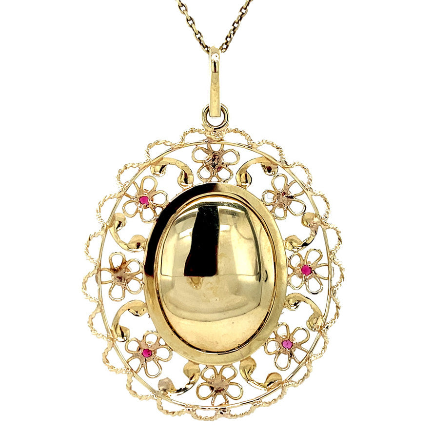 Gouden vintage hanger met emaille en kleursteen 14 krt
