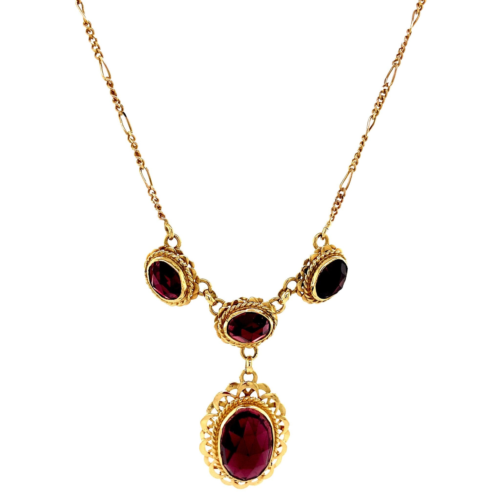 Gold necklace figaro with pendant with garnet 41 cm 14 krt