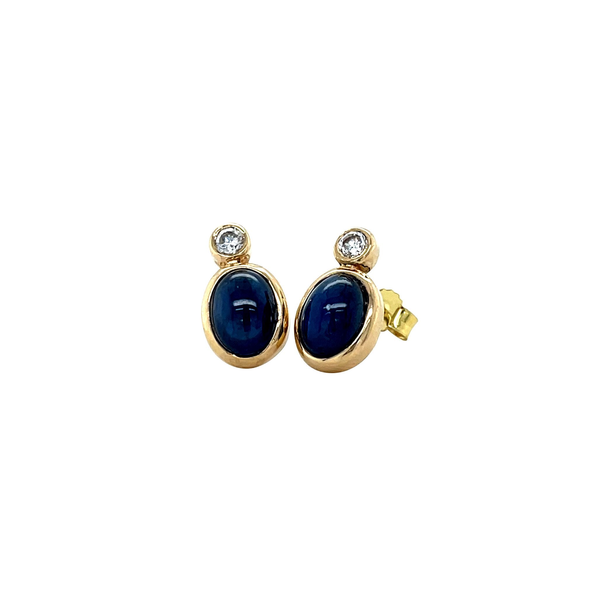 Gold vintage stud earrings with sapphire and moissanite, 14 kt
