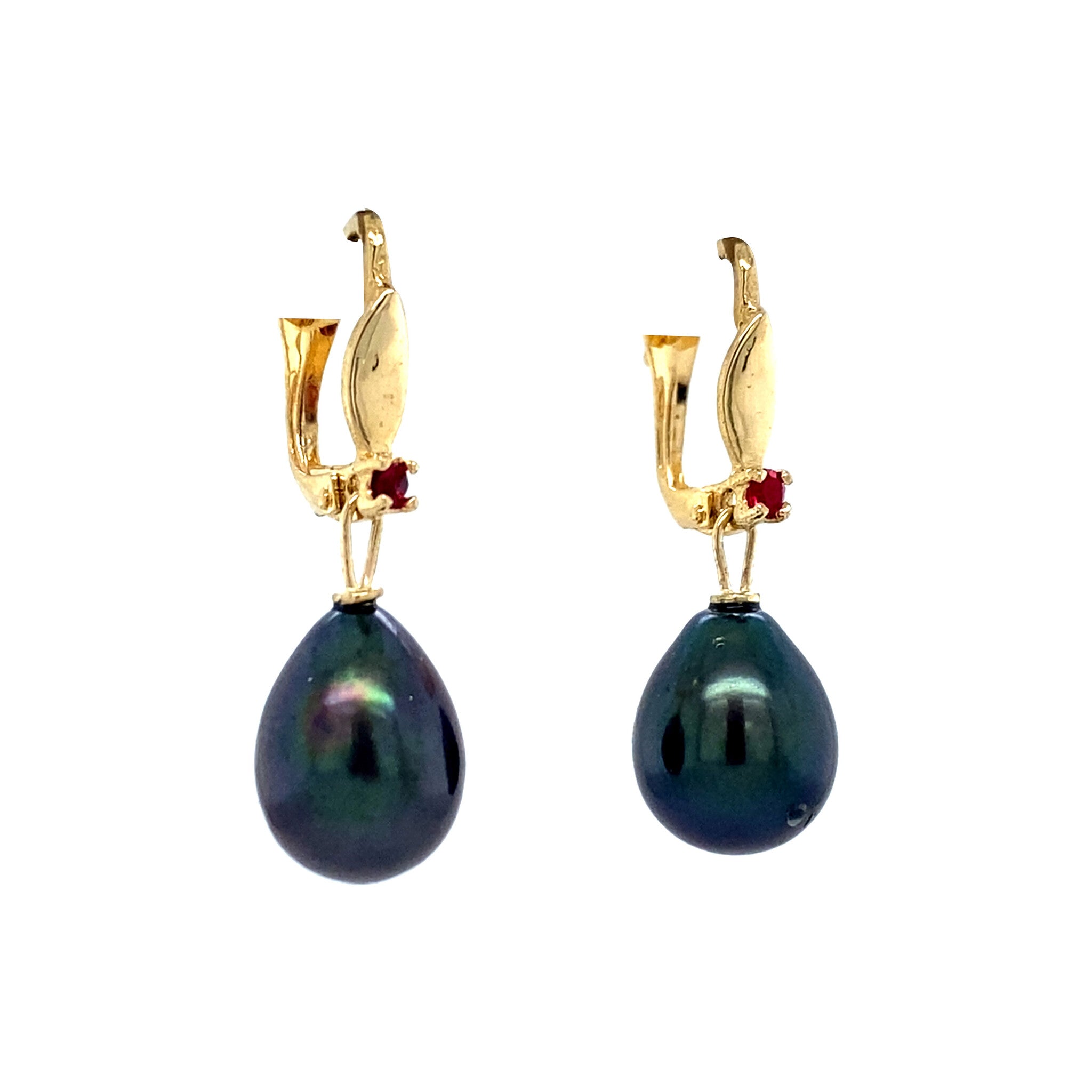 Gouden vintage oorhangers met kleursteen en parel 14 krt