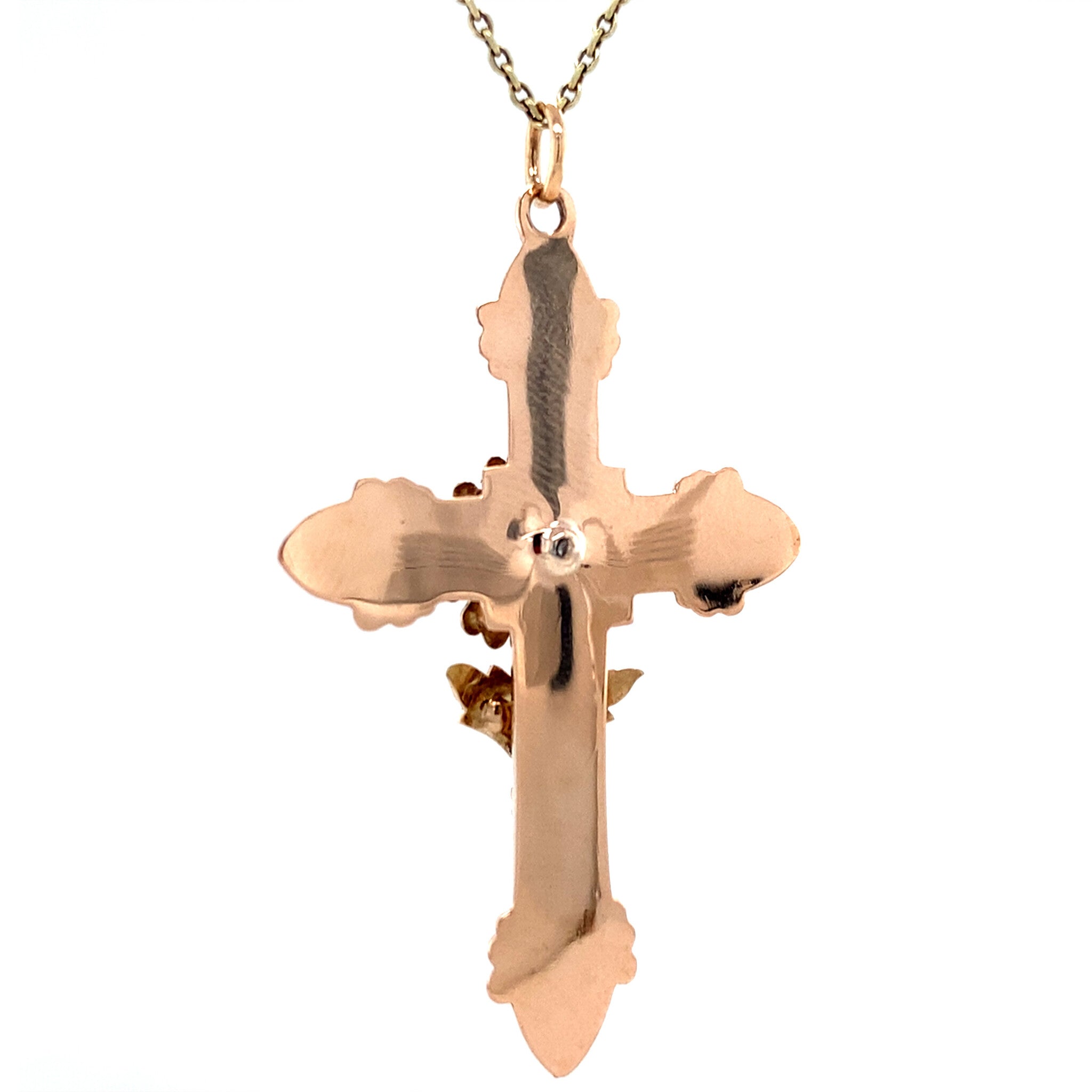 Roségouden vintage entourage kruis hanger met parel 14 krt