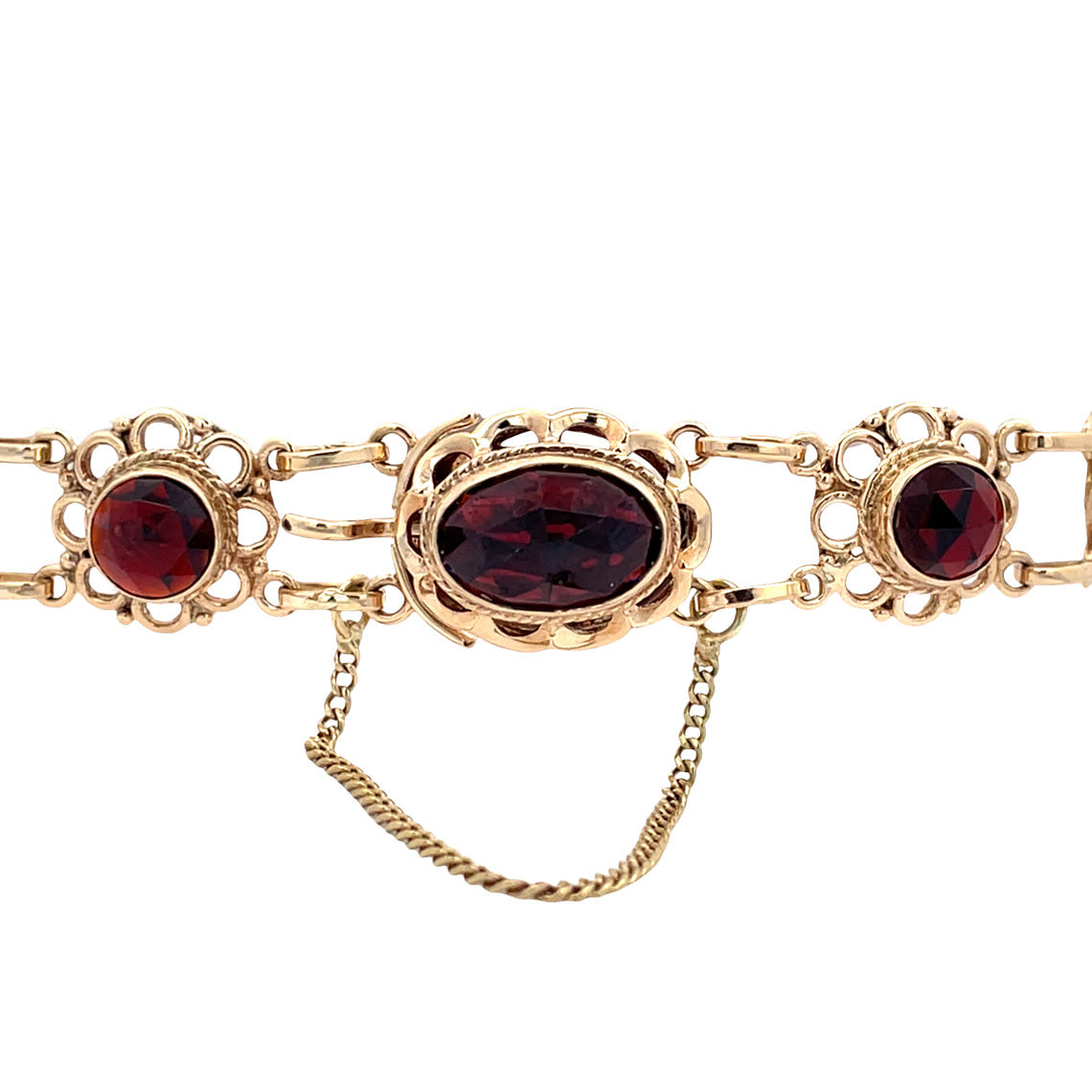 Gouden vintage bootjes armband met granaat 14 kt