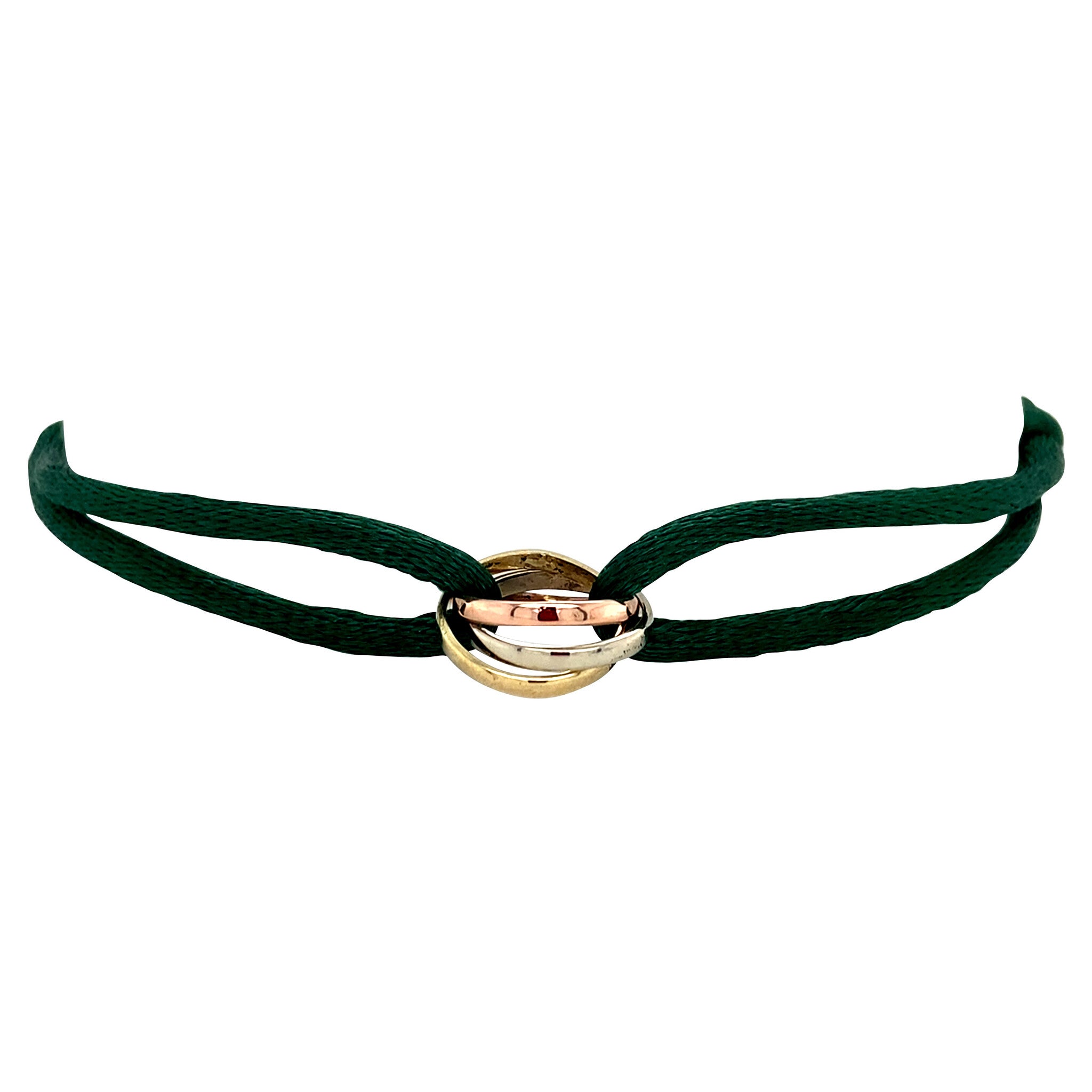 Satijnen armband met trinity schakel 14 krt