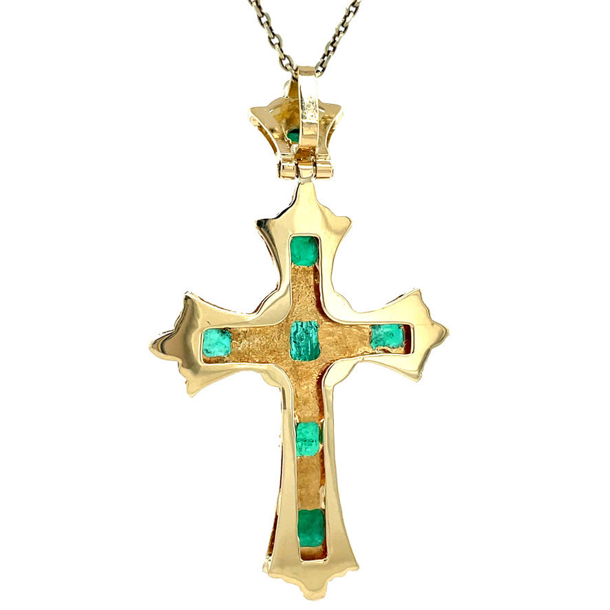 Gouden vintage kruis hanger met smaragd 14 kt