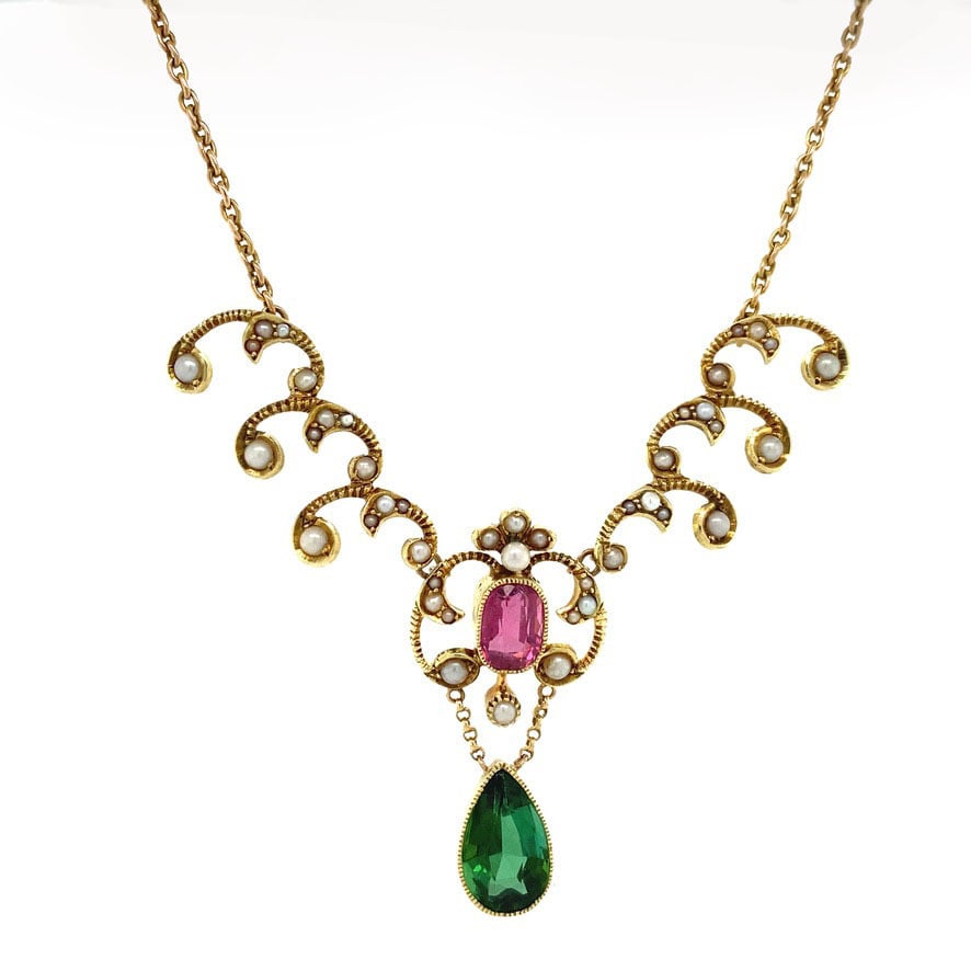 Gold choker with pearl and tourmaline 14 krt