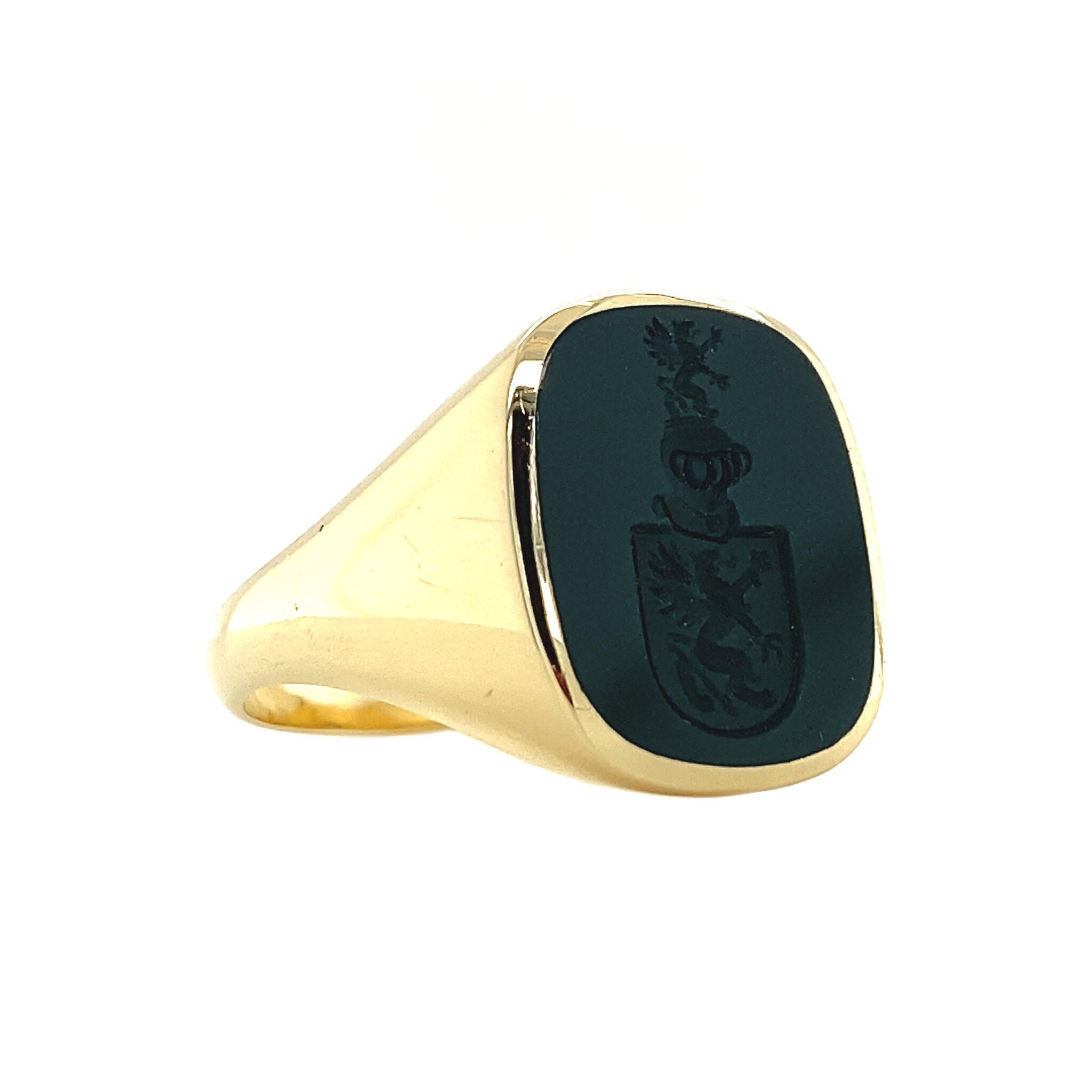 14 kt gold signet ring with green stone inlay