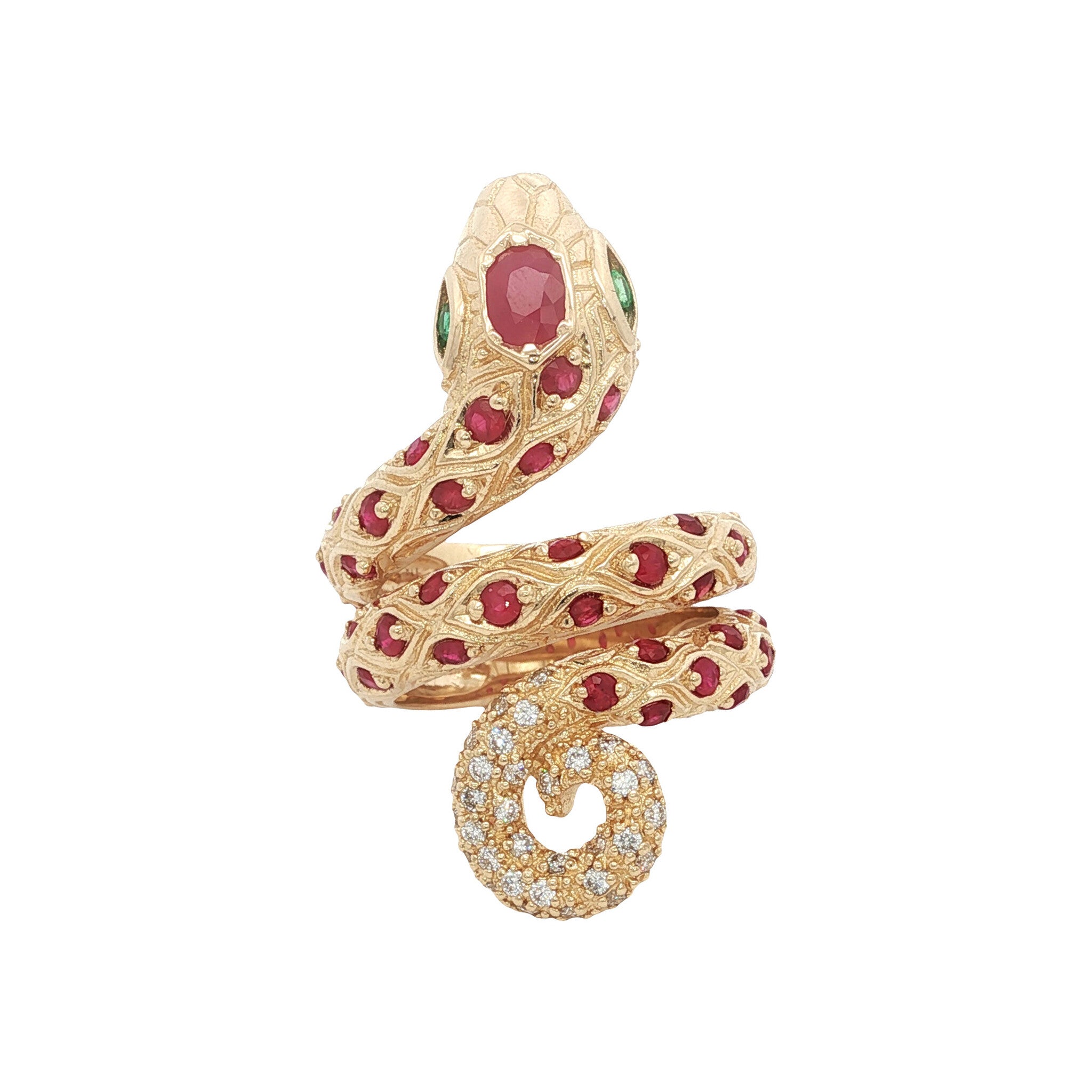 Gouden ring met smaragd, robijn en diamant 14 kt