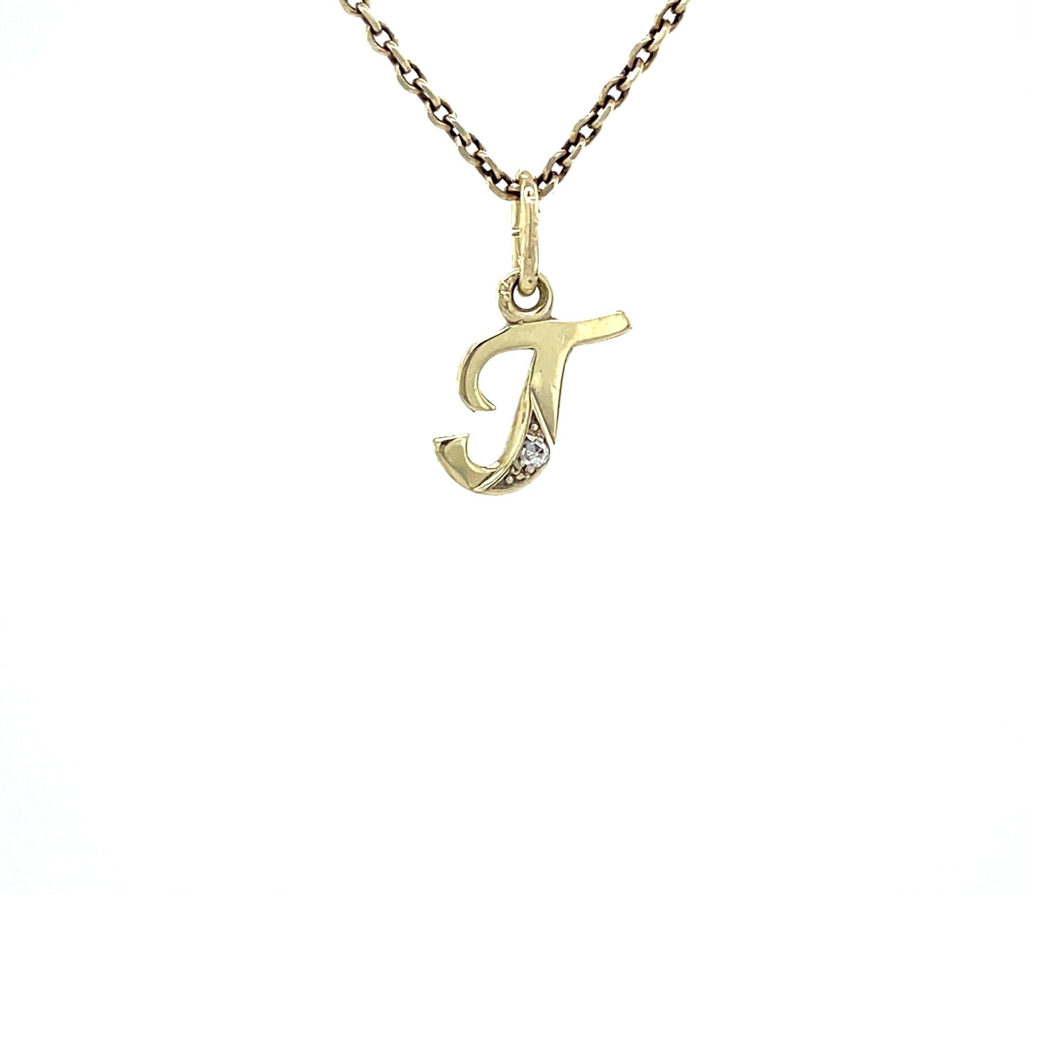 Gold vintage letter T pendant with diamond 14 krt