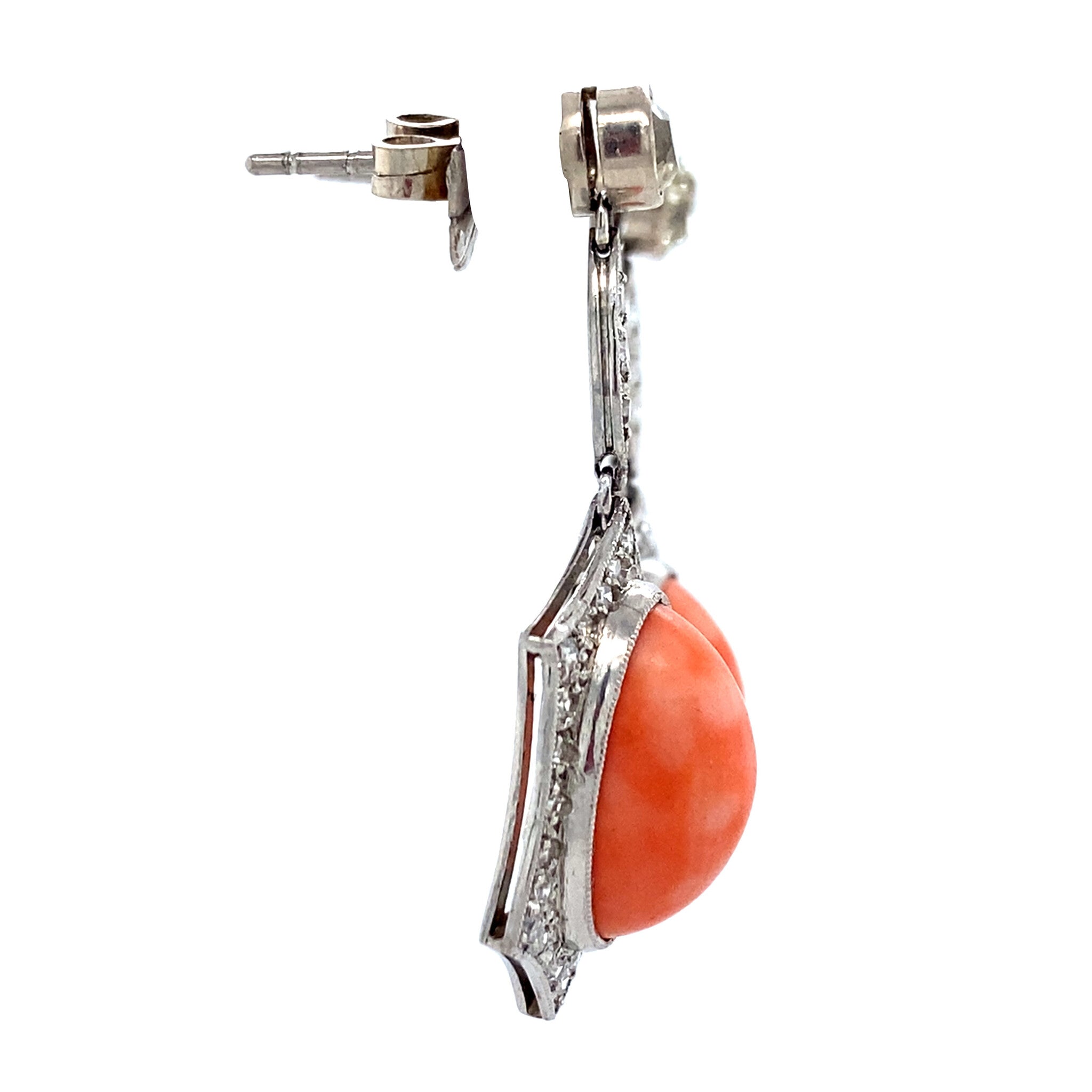 Platinum vintage art deco entourage earrings with imitation coral and diamond 900