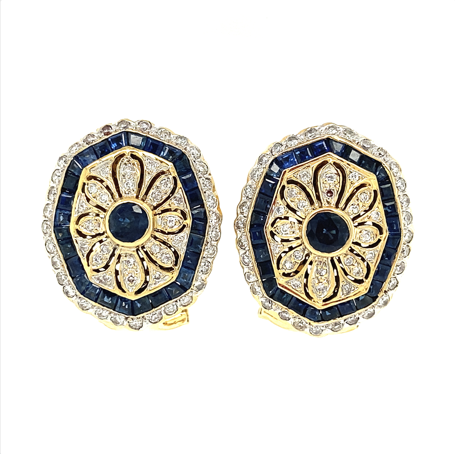 Gouden oorhangers met saffier en diamant 18 krt