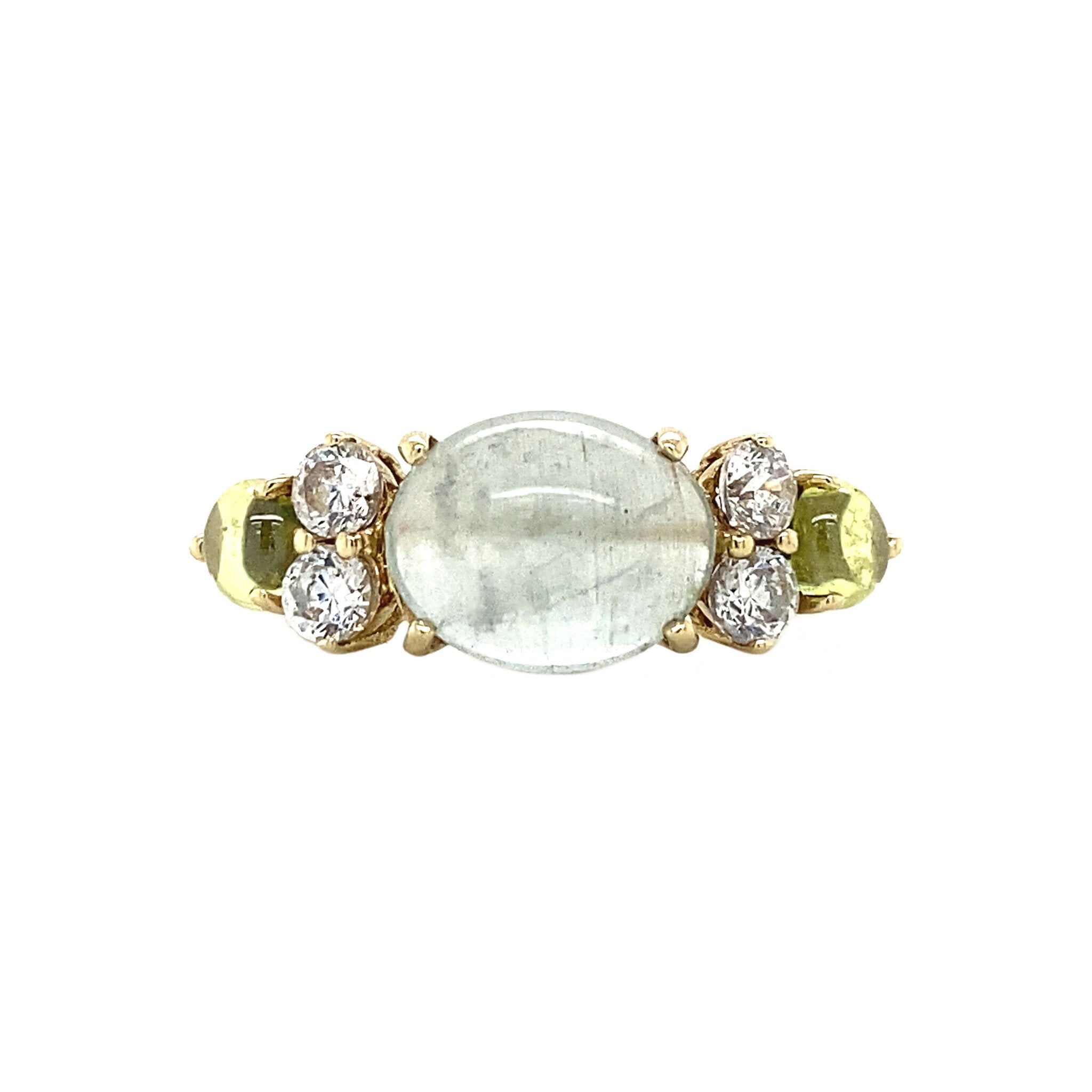 Gold ring with moonstone, zirconia and glass, 14 kt