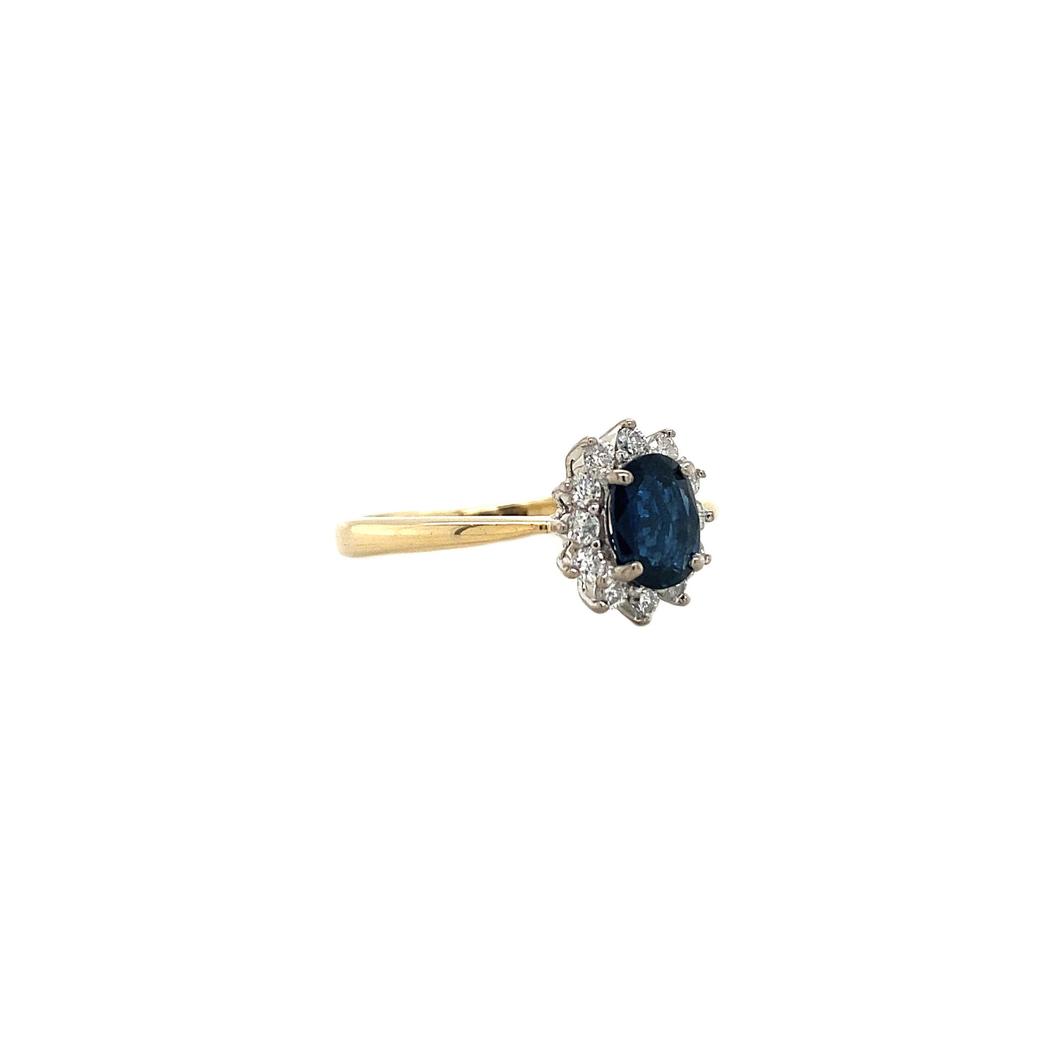Bicolour gold entourage ring with sapphire and diamond 14 krt