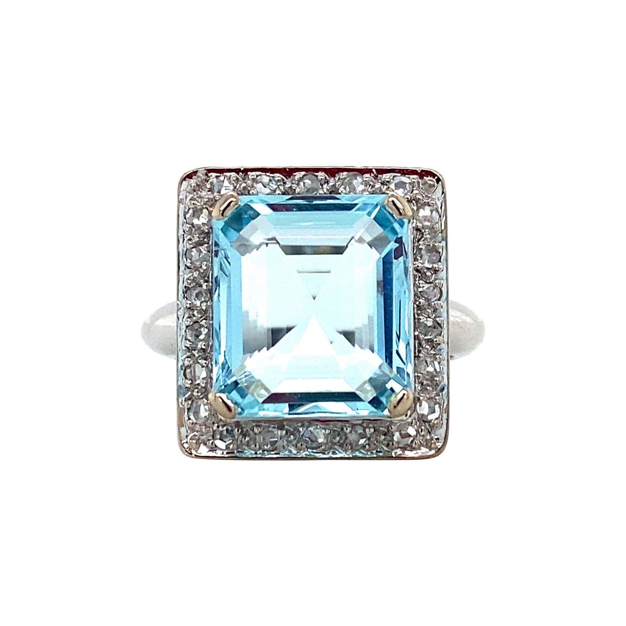 Witgouden ring met aquamarijn en roosdiamant 14 krt