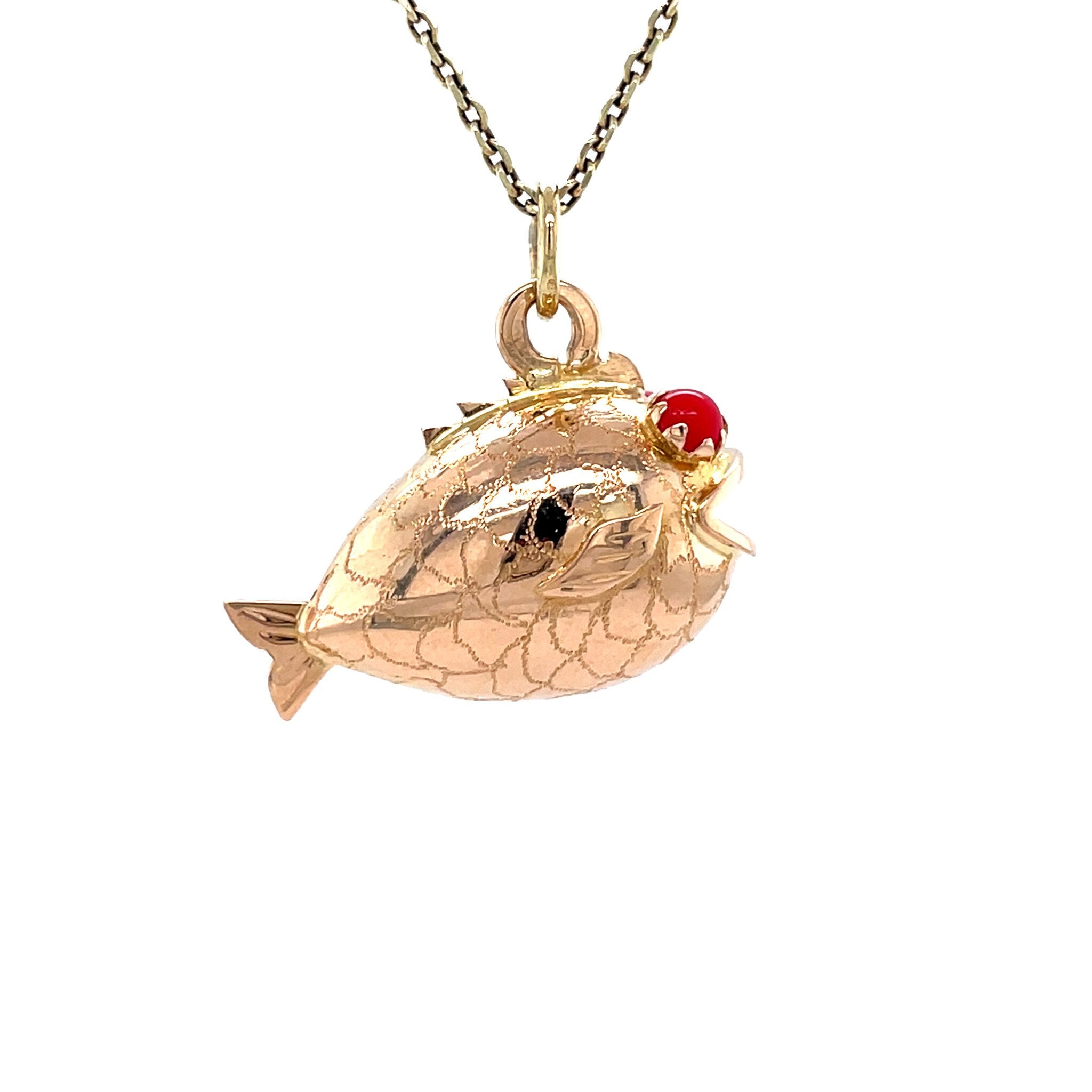 14 kt rose-gold vintage fish pendant with colored stone