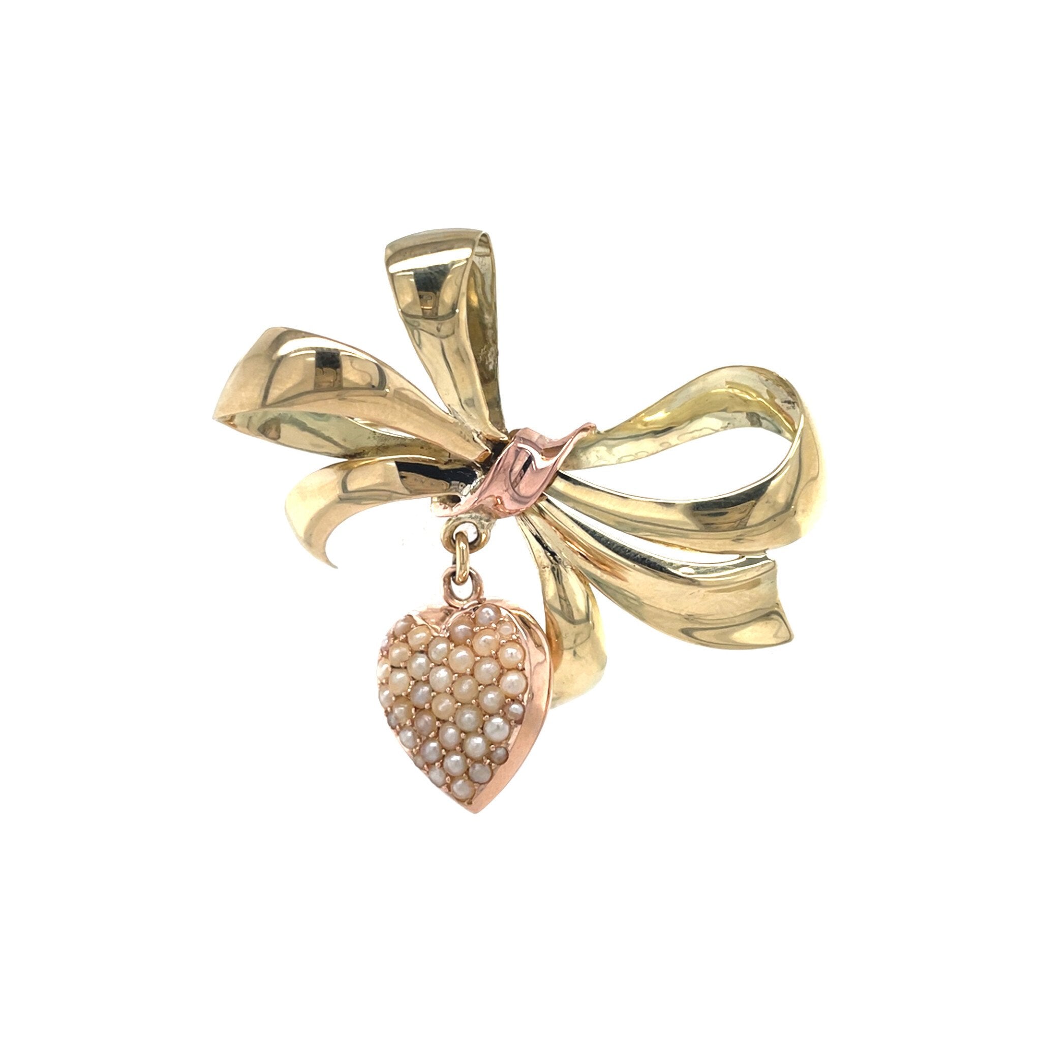 Vintage 14 kt gold bow brooch with pearls