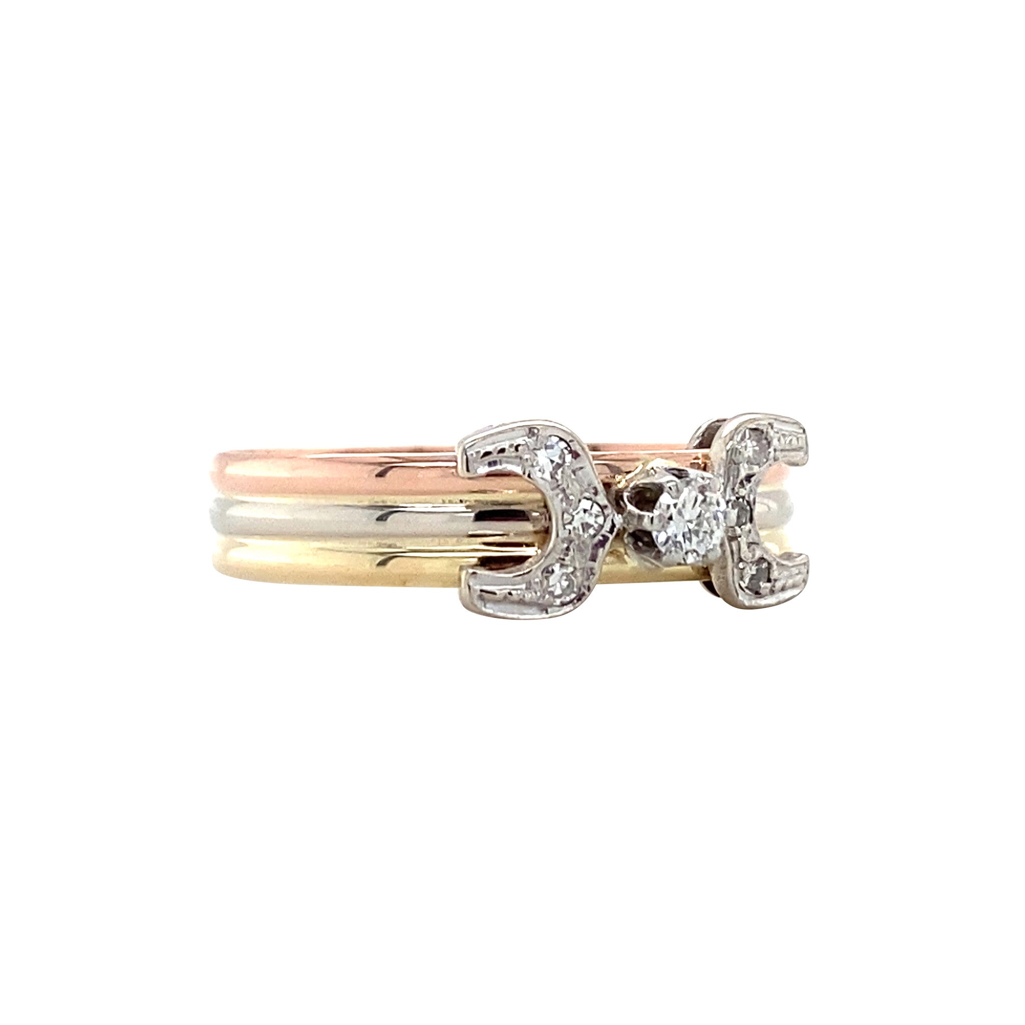 Vintage tricolour gold ring with diamond, 14 kt