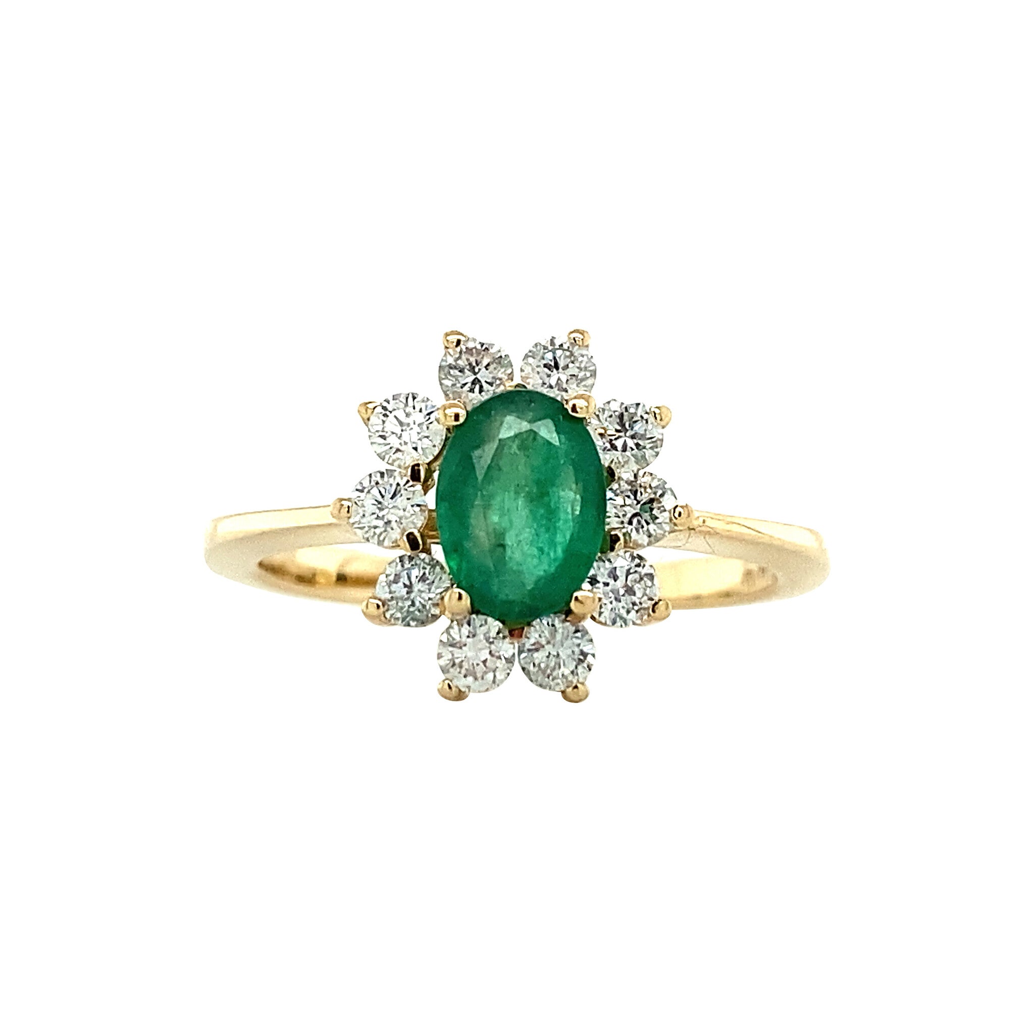 14 kt gold halo ring with emerald and diamond