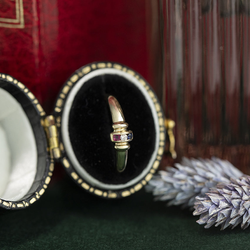 Gold vintage ring with ruby, sapphire and diamond 14 kt