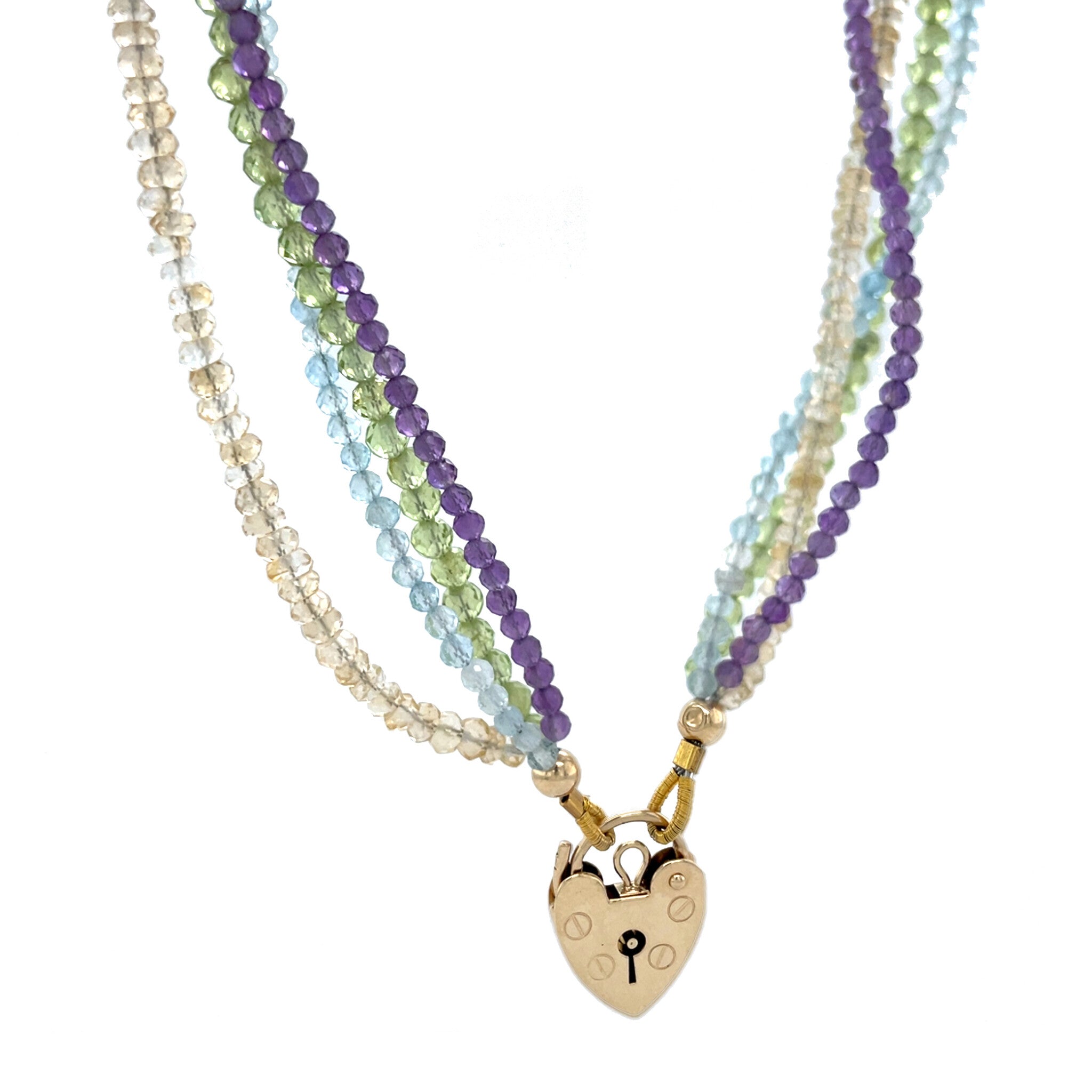 Vintage gemstone necklace with heart clasp 9 kt