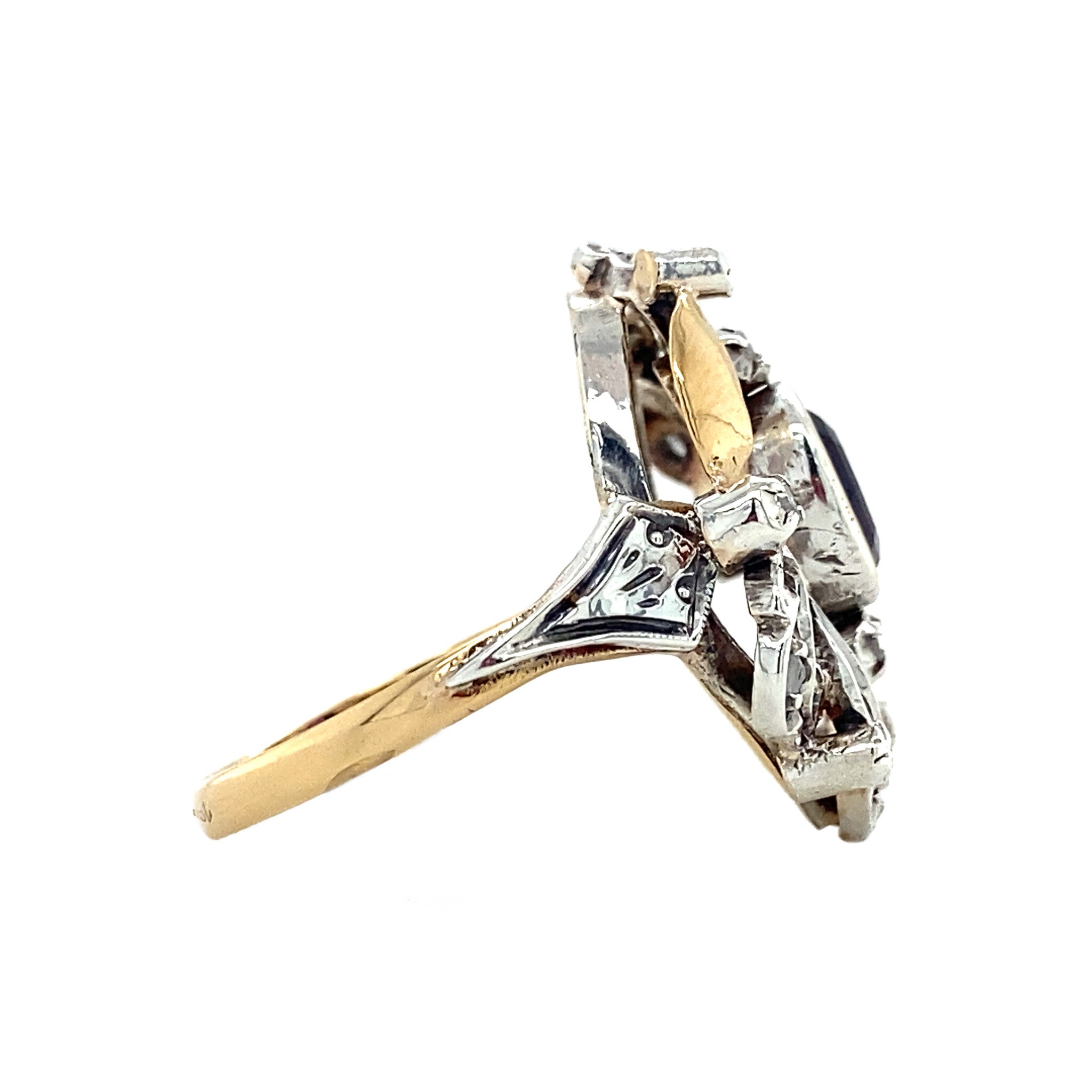 Gold ring with rose-cut diamond and amethyst 18 kt/925
