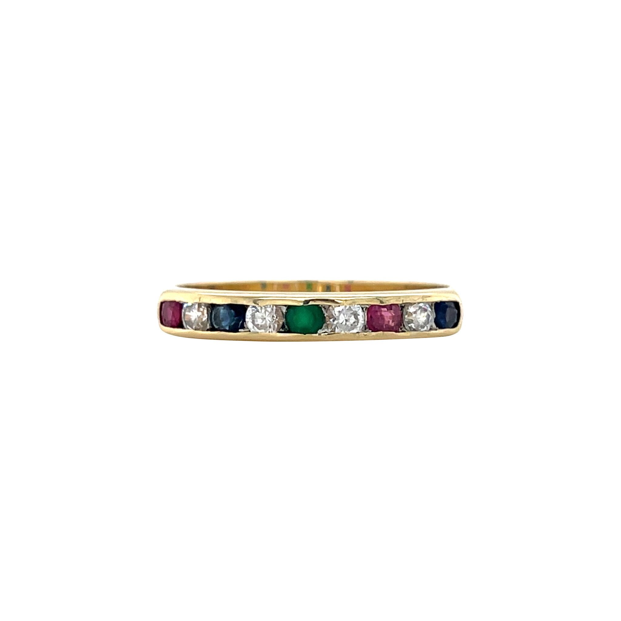 Vintage gold multi-stone ring with ruby, sapphire, agate and zirconia, 14 kt