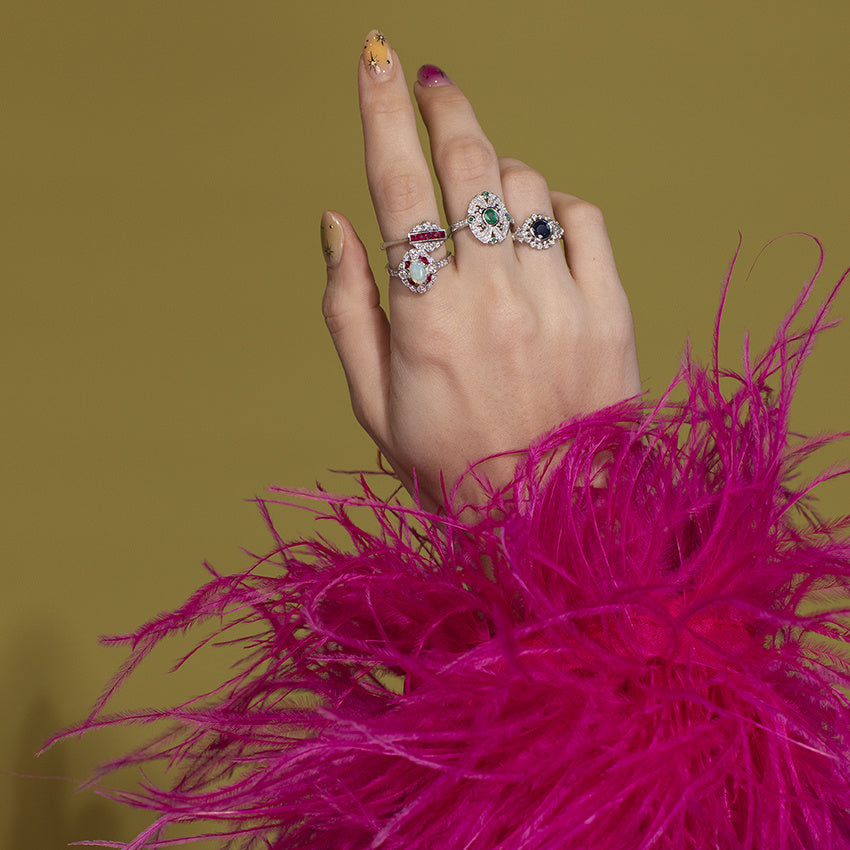 Gouden ring met opaal, robijn en diamant 14 kt