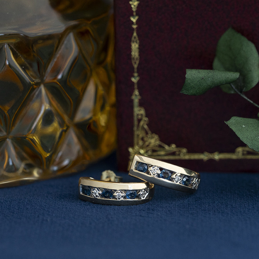 Vintage gold stud earrings with sapphire and diamond, 14 kt