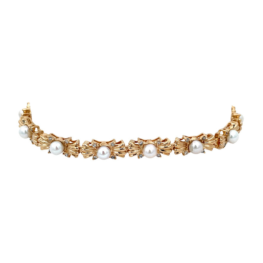 Vintage gold bracelet with pearl and diamond, 14 kt