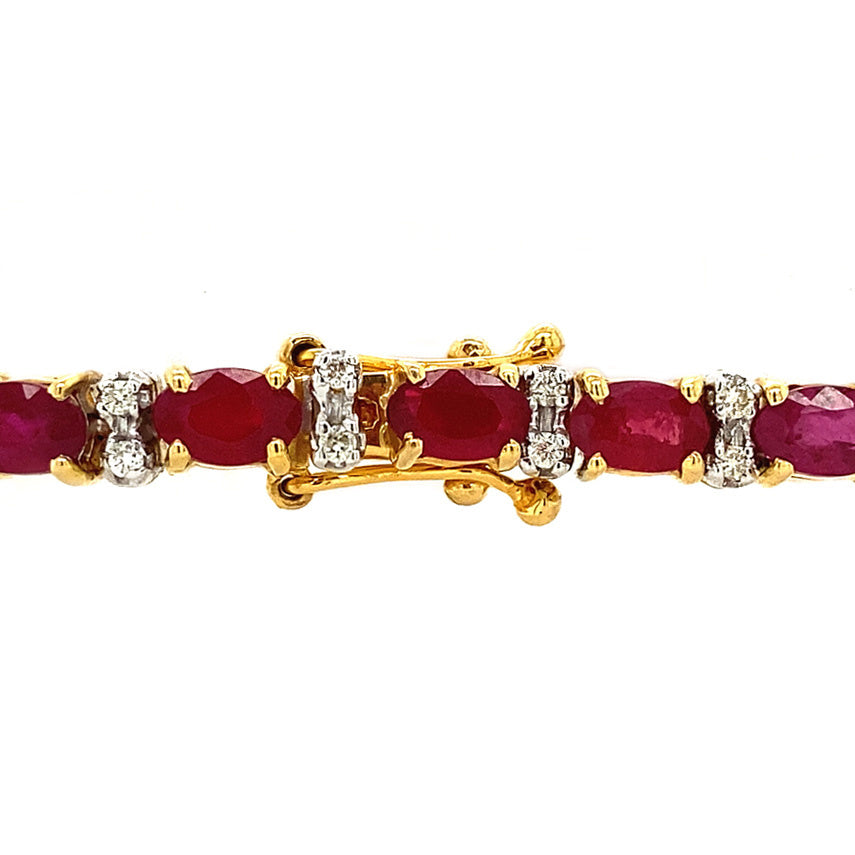 Vintage gold tennis bracelet with ruby and diamond, 18 cm, 14 kt
