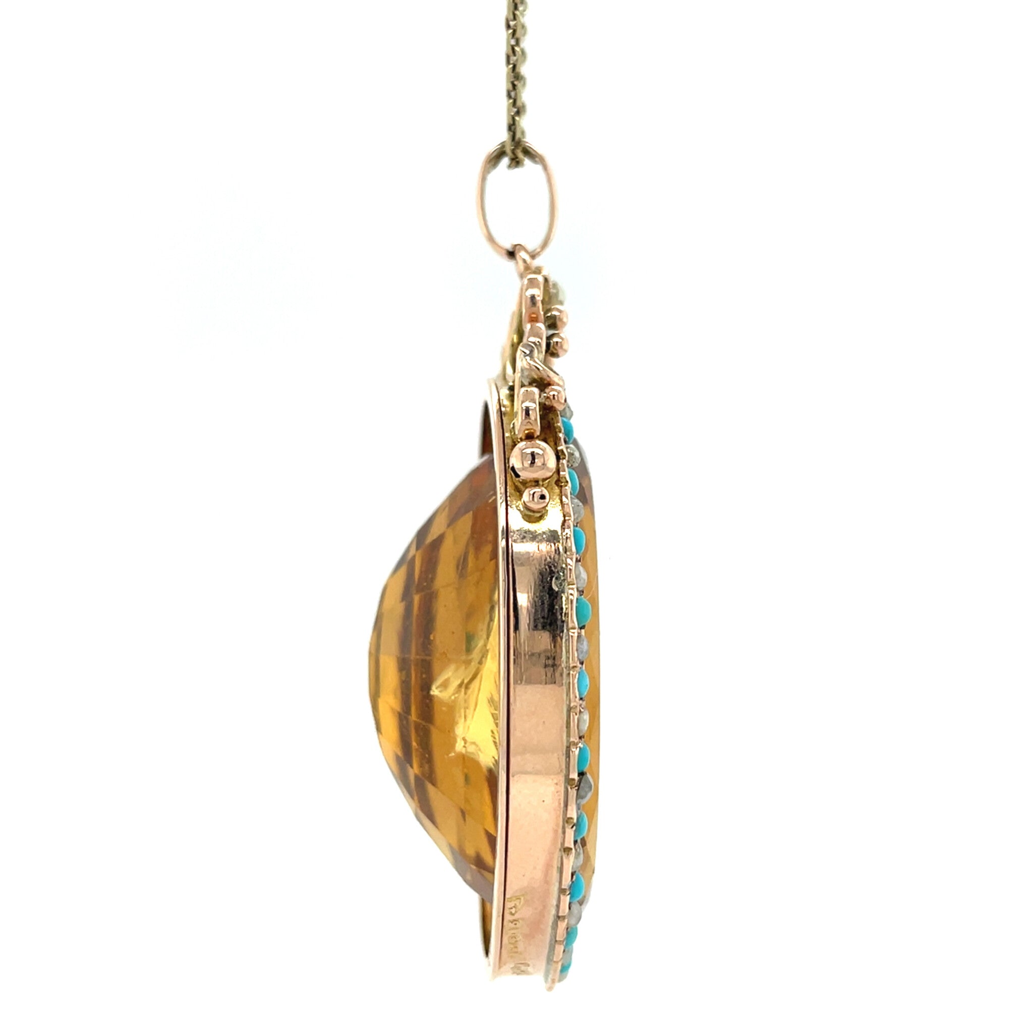 Rose vintage entourage pendant with citrine, pearl and turquoise 9 kt