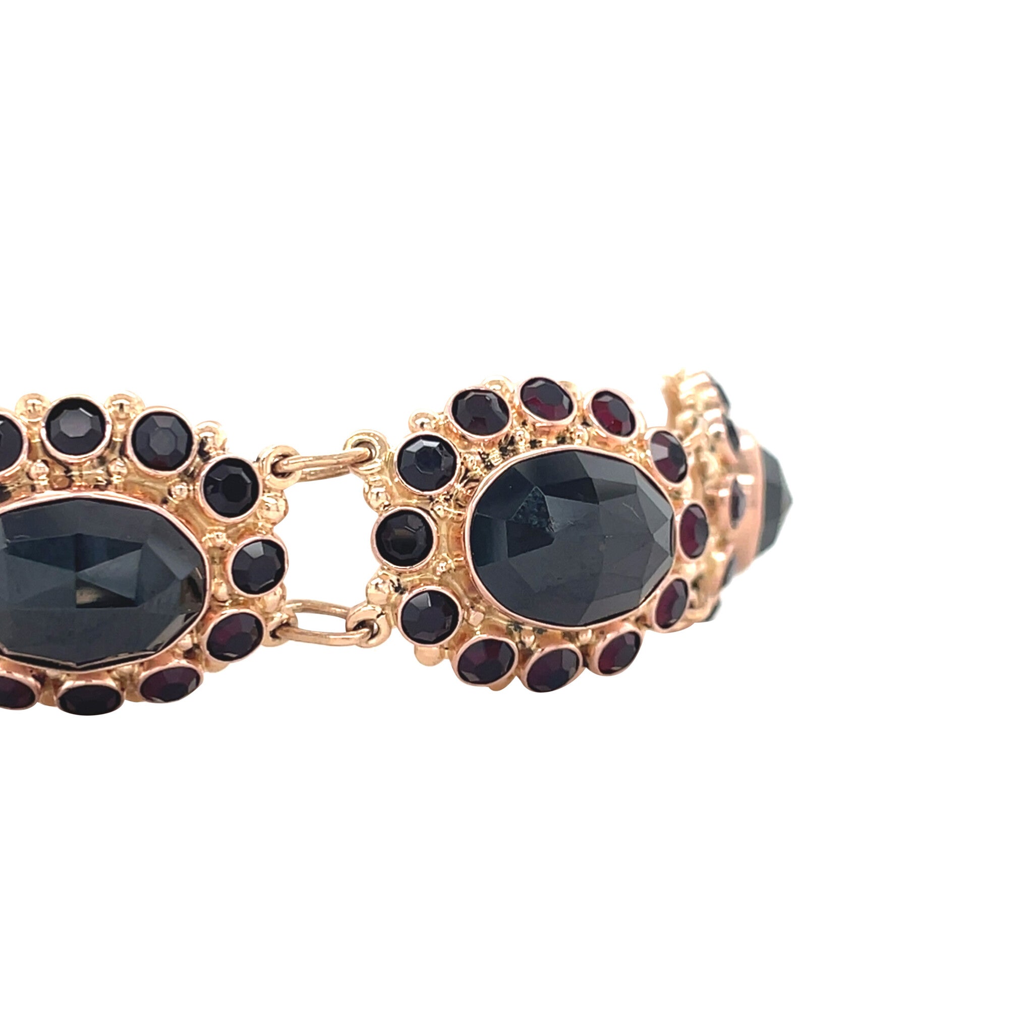 Gouden vintage entourage bootjes armband met granaat 14 krt