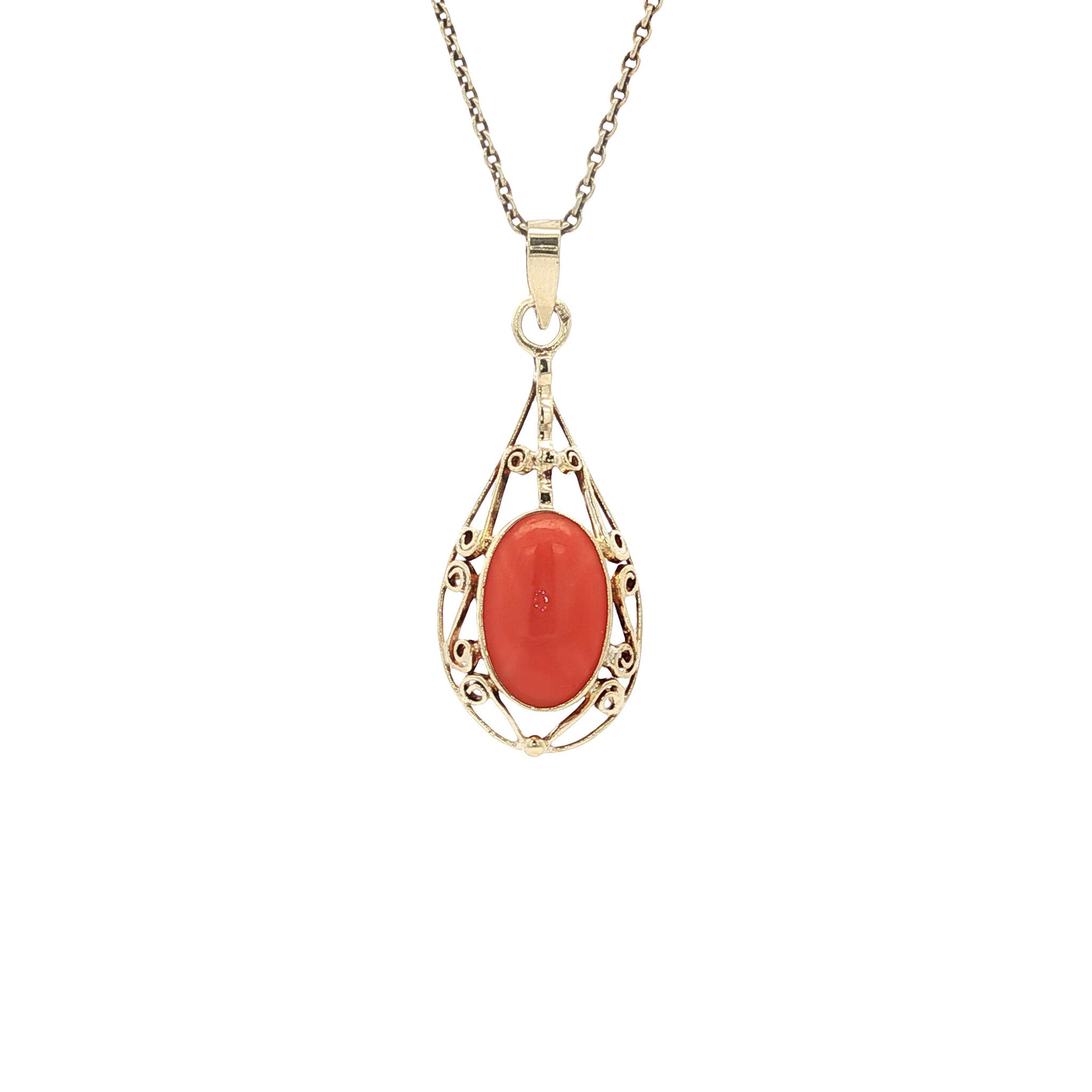 Gold vintage pendant with blood coral 14 kt