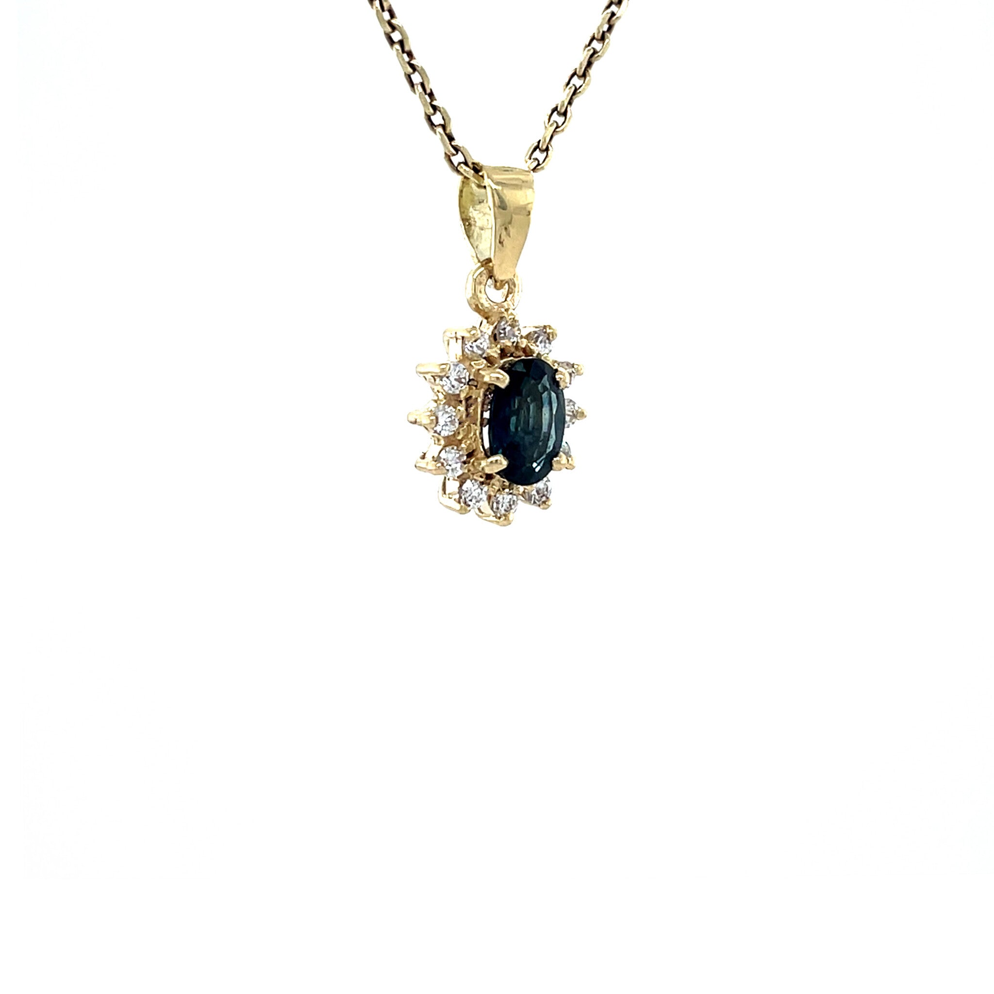 Gouden vintage entourage hanger met saffier en zirkonia 14 krt