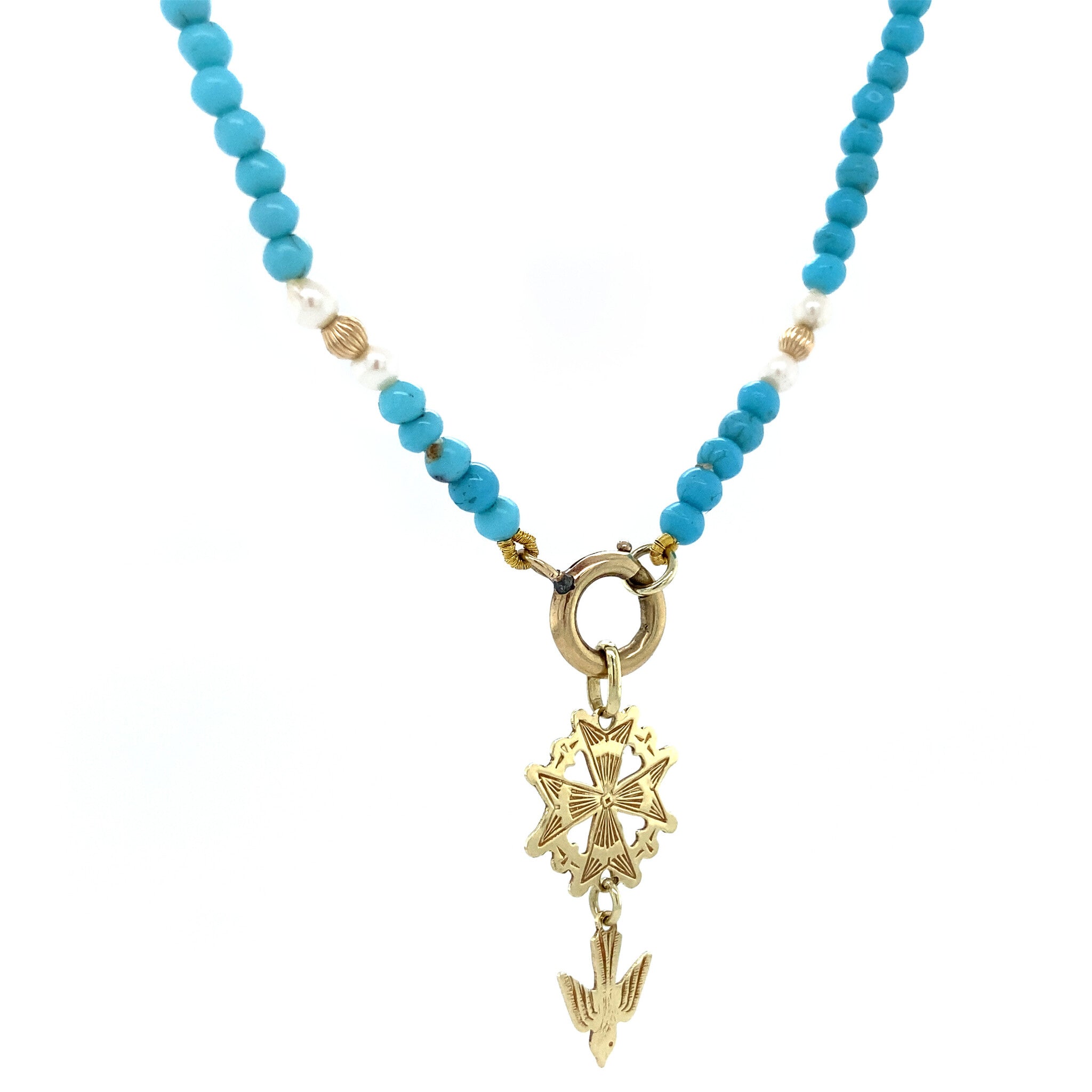Turquoise necklace with pearl and gold lacing 37.5 cm 14 krt