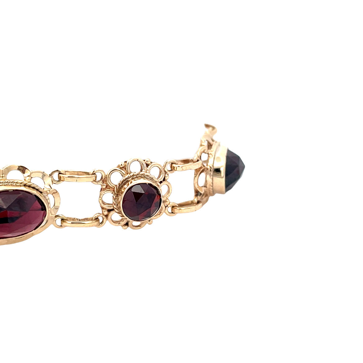 Gouden vintage bootjes armband met granaat 14 kt