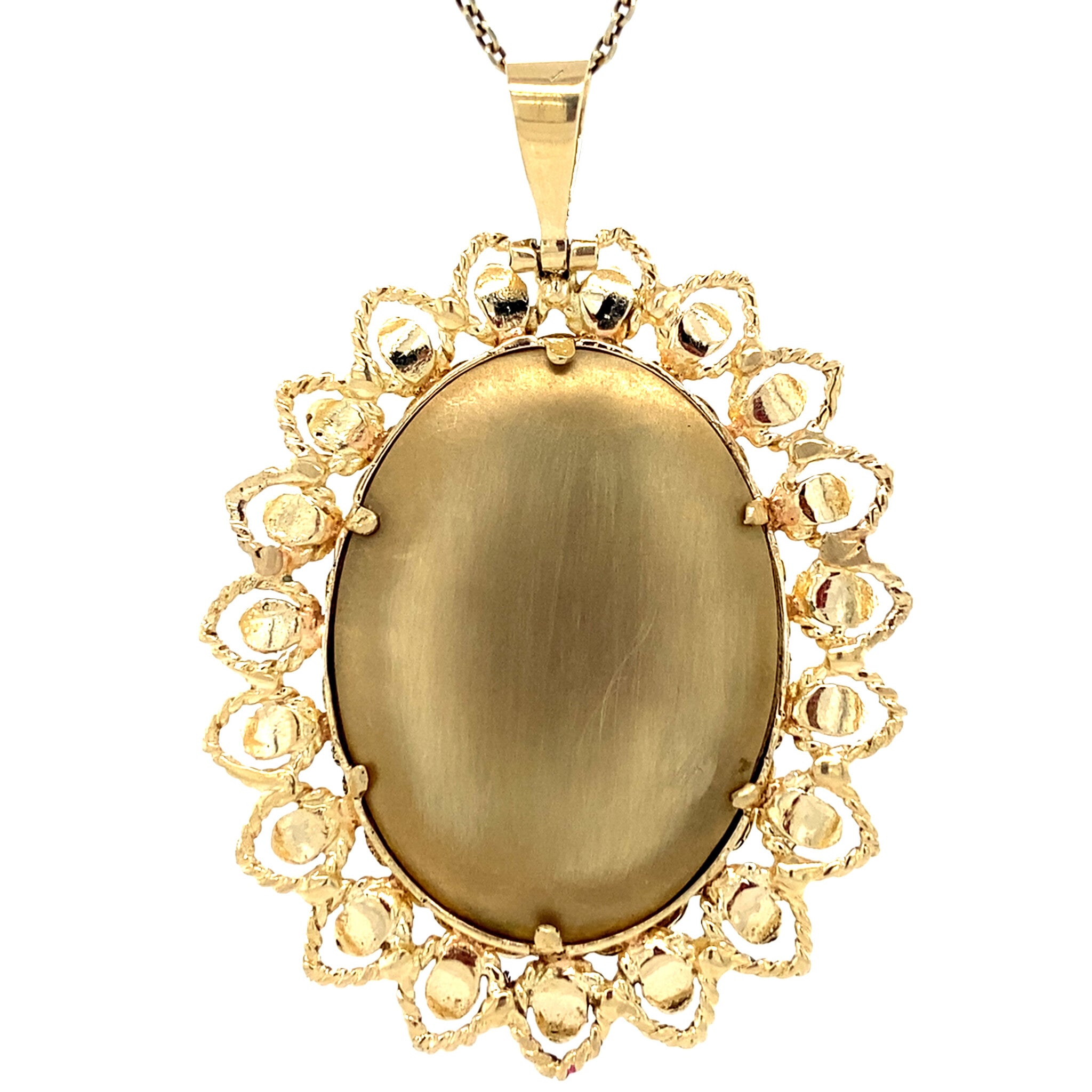 Gouden vintage hanger met zirkonia en miniatuurschildering 14 krt