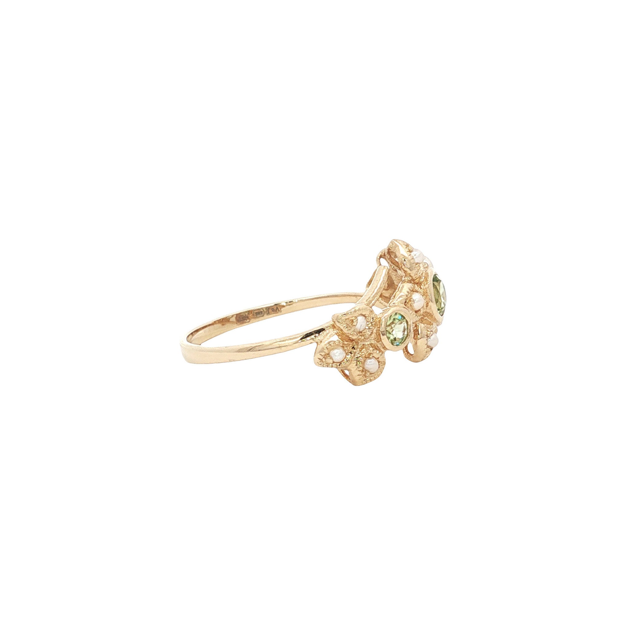 Gouden ring met peridoot en parel 14 kt