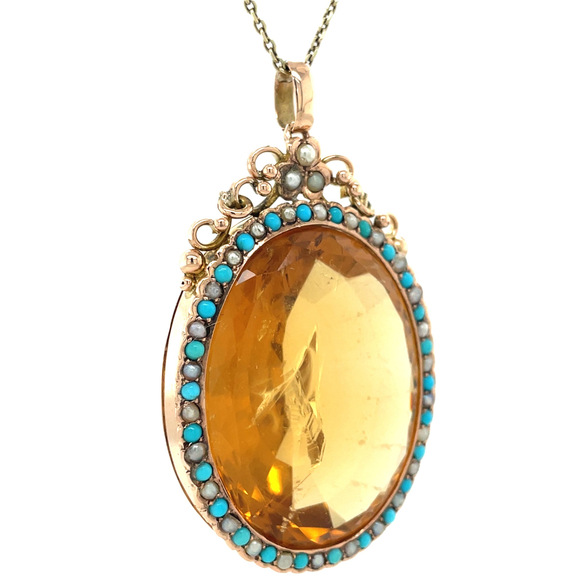 Rose vintage entourage pendant with citrine, pearl and turquoise 9 kt