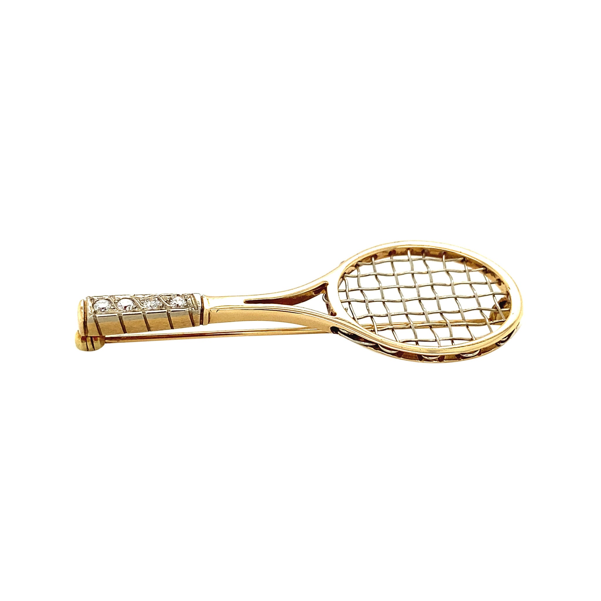 Gold tennis racket brooch with diamond 14 kt