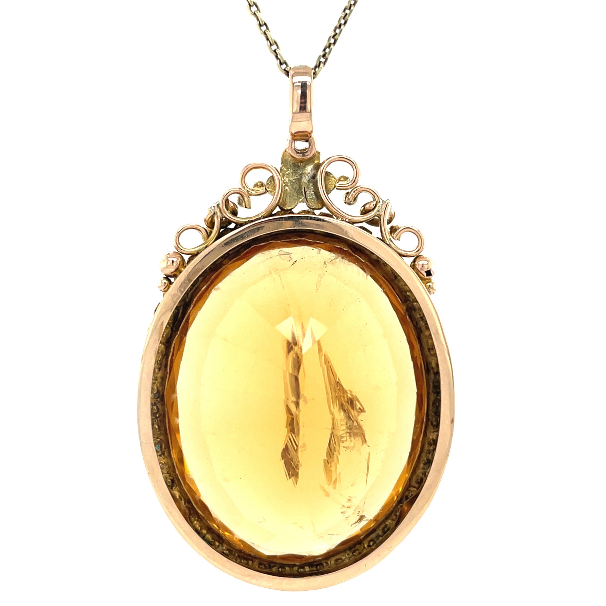 Rose vintage entourage pendant with citrine, pearl and turquoise 9 kt