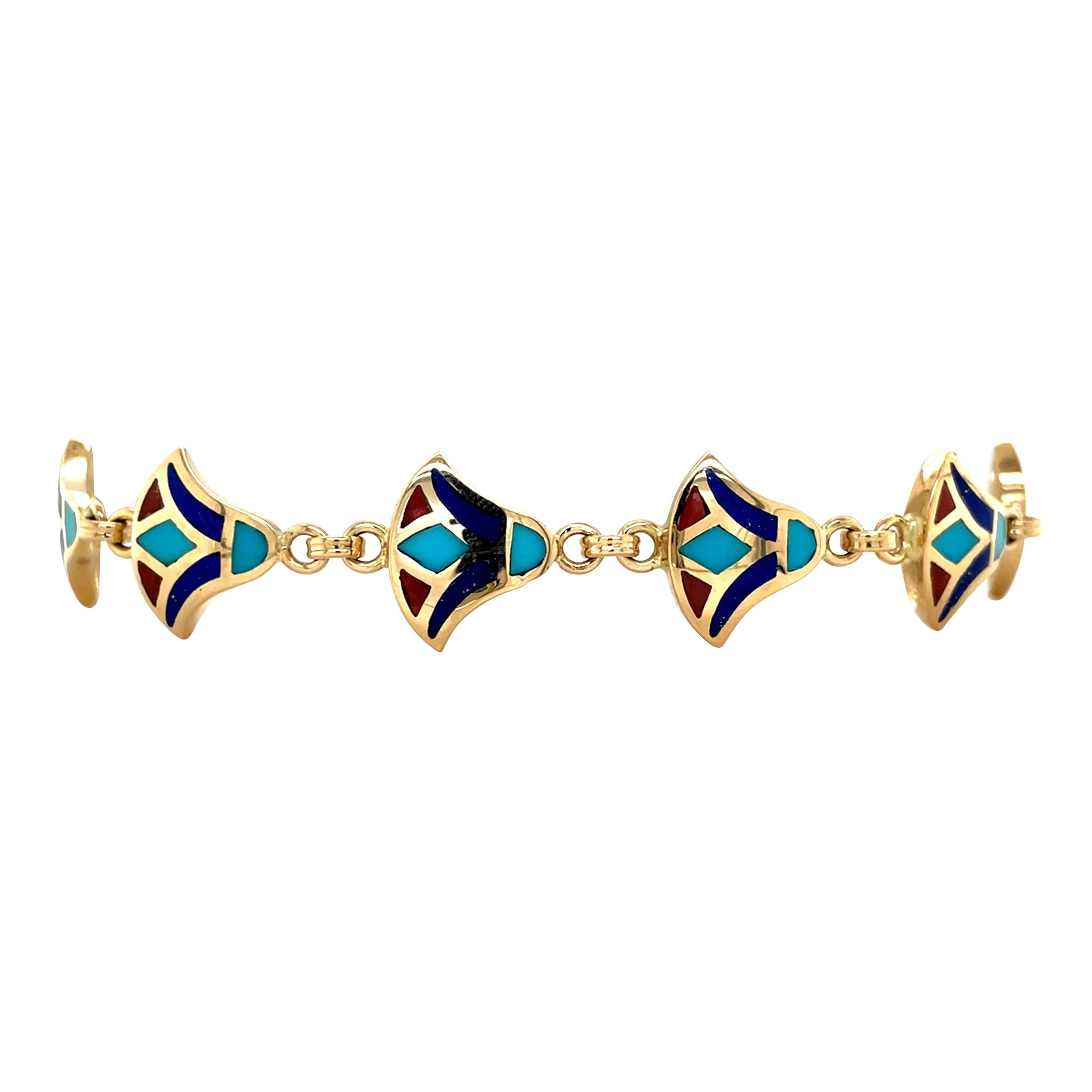 Vintage gold bracelet with turquoise, red coral and lapis lazuli, 18 kt